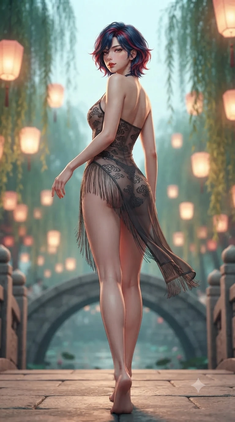 score_9, masterpiece, best quality, ultra-detailed, high-budget anime keyframe, editorial fashion photography, tasteful artistic composition, Korean woman. low angle full-body shot from head to toe showing her feet, filling the entire 9:16 vertical frame with her statuesque presence, stretching her vertical silhouette. stepping slowly toward the camera with hypnotic grace, hips swaying in an alluring sensual rhythm that accentuates her curvy hourglass silhouette and long slender legs while stepping gracefully over the arched stone crest, glancing back over a bare shoulder with an irresistible smoldering bedroom-gaze. The background shows a soft-focus floating paper lantern lights on the stream and weeping willows blurred into coral, gold, and aquamarine bokeh. She has an absolutely perfect, statuesque 8.5-heads proportion, an exceptionally tall and slender model-like female figure with impossibly long slender legs, an ultra-slim waist, a flat toned midriff, narrow delicate ribcage, and beautifully sculpted feminine hips creating a graceful, slim hourglass silhouette without any bulky heaviness. sharp v-shaped jawline, high-bridge nose, sparkling eyes with hypnotic seductive depth, thick curled eyelashes, glossy parted lips with a natural dewy peach sheen, alluring bedroom-eyes with an enchanting coquettish smile, exuding magnetic siren charisma and sophisticated glamour, flawlessly proportioned anatomical accuracy, strict slender model proportions, natural body alignment, perfectly sculpted long slender limbs, ultra-slim waistline, clean dynamic posture without body distortion. wearing a provocative sheer-illusion nanotech lace bodysuit with traditional cloud embroidery flocking and high-cut leg openings in smoked agarwood charcoal and warm honey amber, tailored from heavy double-faced silk faille with an exceptionally fluid drape, finished with delicate silk fringe trim fluttering along her hip line with kinetic charm, the high-slit wrap tailoring accentuating her ultra-slim waistline and the enchanting curve of her feminine hips with alluring seductive charm. illuminated by stream water bounce and sharp golden-amber rim lights sculpting her razor-sharp jawline, narrow waist, and curvy hips. ultra-reflective glossy finish, specular highlights, rich textural contrasts, high-contrast stereoscopic depth, volumetric dynamic lighting, 2k, ultra detail, master piece, 9:16 ratio