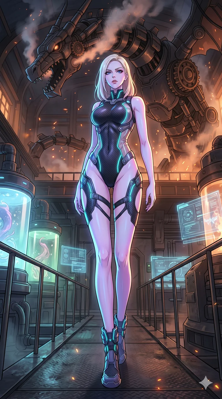 score_9, masterpiece, best quality, ultra-detailed, High-budget Anime Keyframe, vibrant colors, fluid line-art, expressive lighting, cinematic composition, Ufotable-style visual effects, top-tier animation quality, Caucasian woman with pale skin, blonde hair, and (strictly human ears). Dynamic full-body shot stretching the vertical silhouette, capturing her from a powerful low-angle perspective. Staring down a colossal mechanical dragon within a sprawling steampunk workshop, steam and embers filling the air. She has an absolutely perfect 8-heads proportion, an exceptionally tall and slender female figure with impossibly long slender legs and an ultra-slim waist, her statuesque height and towering silhouette dominating the vertical 9:16 frame. Her face is a masterpiece featuring a sharp v-shaped jawline, high-bridge nose, intricate jewel-like eyes with depth, thick eyelashes, and glossy lips with a natural sheen. She is wearing a High-cut leotard with metallic plating and translucent PVC panels on the sides crafted from Carbon-fiber weave with a high-tech matte finish and integrated glowing filaments, with integrated neon-lit tactical gear and suggestive cutouts on the thighs. The scene is set in a high-tech research laboratory with glowing glass tanks and complex holographic interfaces, illuminated by soft bioluminescent glow from the environment casting ethereal colors on her skin. 2k, ultra detail, master piece, 9:16 ratio