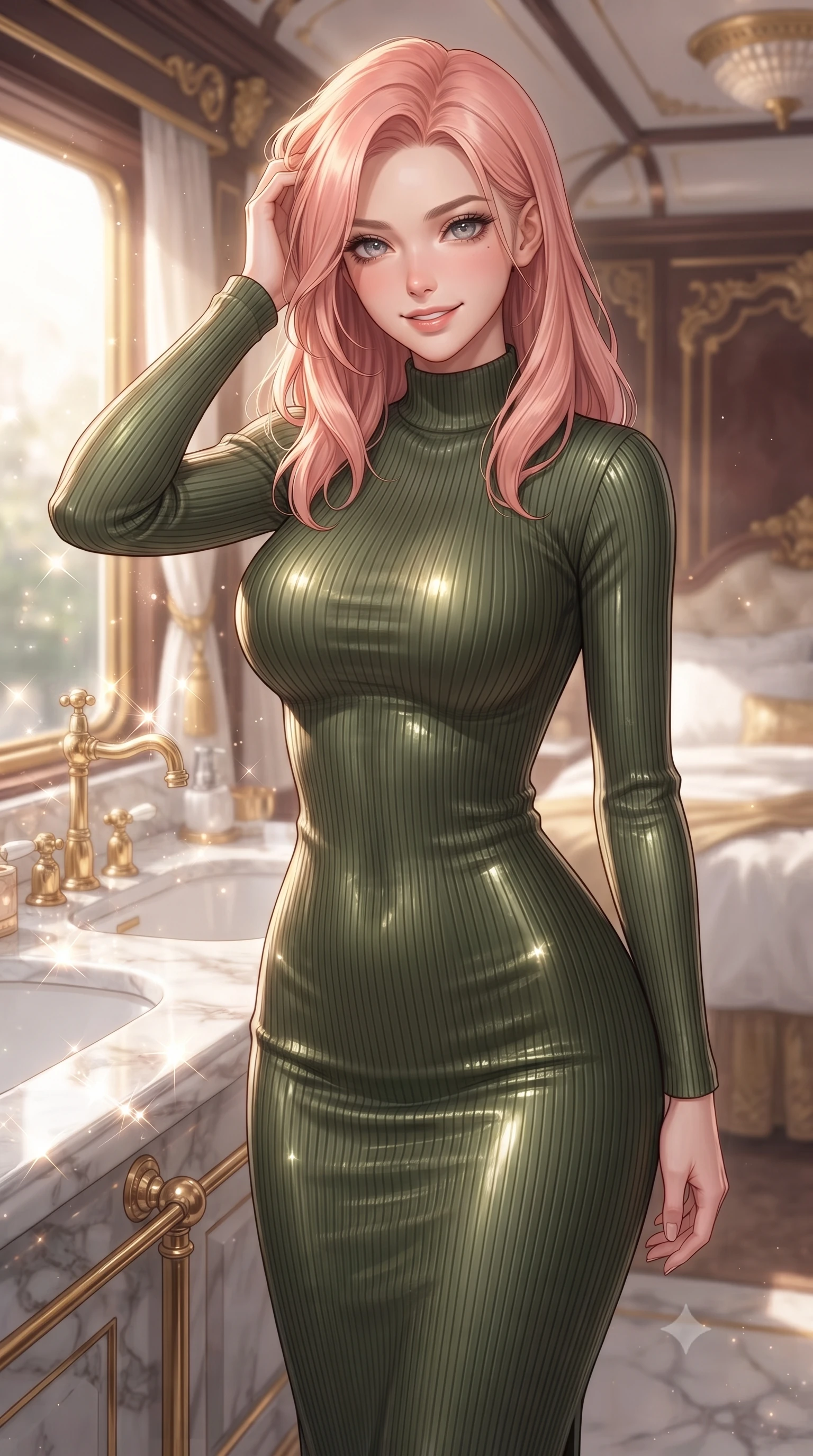 score_9, masterpiece, best quality, ultra-detailed, high-budget anime keyframe, editorial fashion photography, tasteful artistic composition, Japanese woman. close-up cowboy shot from the waist and thighs up, the character dominates the composition, filling the frame with her large presence, background elements kept in soft focus. slowly running a hand through her hair, smiling with quiet, magnetic self-assurance directly into the camera, the background shows a soft-focus a train suite bedroom with marble bath vanity and gold plumbing fixtures. She has an exceptionally elegant, slender, and willowy female figure with an ultra-slim waist, a gracefully sculpted slender torso, and a refined silhouette. sharp v-shaped jawline, high-bridge nose, intricate jewel-like eyes with depth, thick eyelashes, glossy lips with a natural sheen. wearing a form-contouring body-hugging ribbed carbon-fiber knit bodycon midi dress in olive green, featuring a snug mock-neck. bright morning sun rays creating sparkling glints on the marble and gold. ultra-reflective glossy finish, specular highlights, metallic sheen, high-contrast stereoscopic depth, volumetric dynamic lighting, 2k, ultra detail, master piece, 9:16 ratio