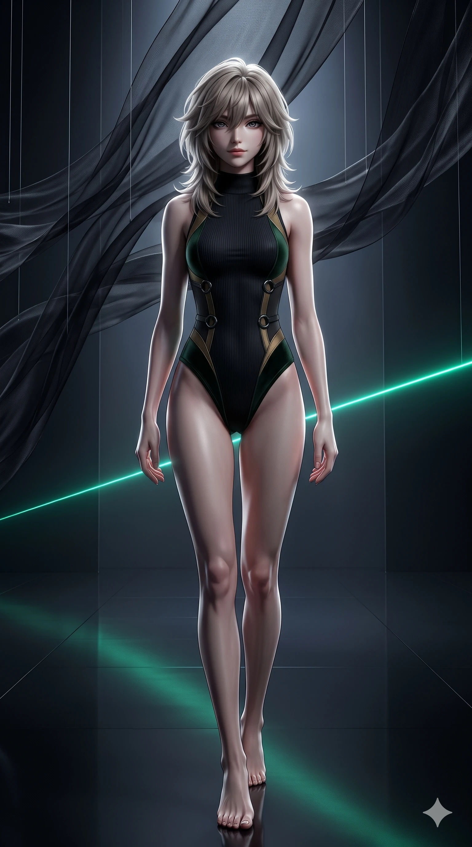 score_9, masterpiece, best quality, ultra-detailed, high-budget anime keyframe, semi-realistic 3D game render, editorial fashion photography, tasteful artistic composition, Japanese woman. low angle full-body shot from head to toe showing her feet, filling the entire 9:16 vertical frame with her statuesque presence, stretching her vertical silhouette. stepping forward into the sharp laser beam, her long slender legs and curvy hips creating a sweeping vertical line while standing beneath soaring suspended waves of translucent black silk, looking into the lens with an air of effortless superiority and dark allure. The surrounding environment is rendered in vivid detail and crisp panoramic clarity: sharp sheer silk weave translucency, hanging monofilament wire lines, and mirror-polished floor clarity in deep focus. She has an absolutely perfect, statuesque 8.5-heads proportion, an exceptionally tall and slender model-like female figure with impossibly long slender legs, an ultra-slim waist, a flat toned midriff, narrow delicate ribcage, and beautifully sculpted feminine hips creating a graceful, slim hourglass silhouette without any bulky heaviness. sharp v-shaped jawline, high-bridge nose, intricate jewel-like dark sparkling eyes with hypnotic seductive depth, thick curled eyelashes, glossy parted lips with a natural wine sheen, alluring bedroom-eyes with an enigmatic smoldering smile, exuding magnetic sovereign charisma and dark avant-garde glamour, flawlessly proportioned anatomical accuracy, strict slender model proportions, natural body alignment, perfectly sculpted long slender limbs, ultra-slim waistline, clean dynamic posture without body distortion. wearing a sleek high-neck ribbed activewear bodysuit in matte black in deep velvet forest green and antique brass, tailored from soft dark satin with subtle light-absorbing depth, trimmed with dark chrome ring hardware along the waist contours, the liquid-tight tailored fabric clinging flawlessly to her narrow waist and rounded feminine hips, emphasizing every millimeter of her sculpted slim hourglass curves without any bulky heaviness. illuminated by polished gallery floor bounce and sharp diamond-platinum rim lights sculpting her razor-sharp jawline, narrow waist, and curvy hips. highly saturated vibrant anime colors, detailed shading with soft gradients, rich glossy textures, high-contrast stereoscopic depth, volumetric dynamic lighting, master piece, 9:16 ratio