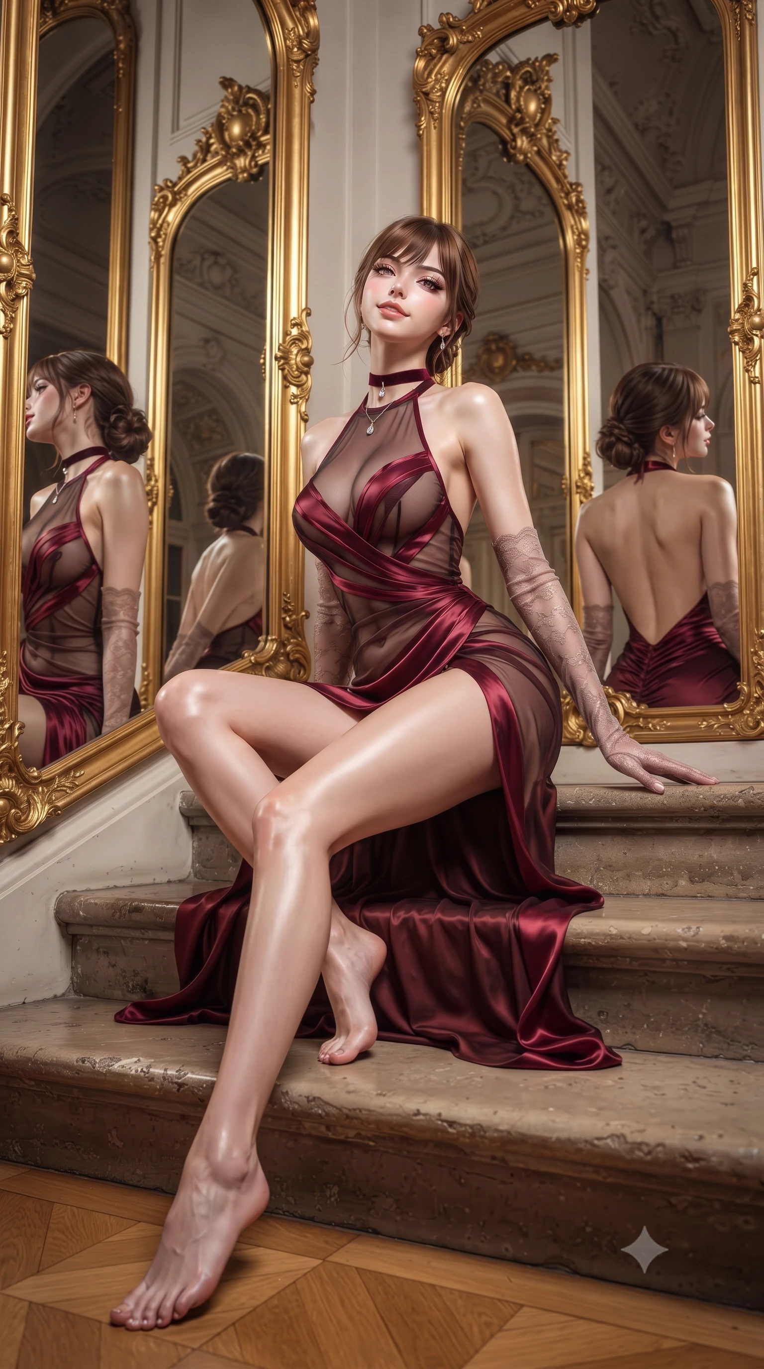 score_9, masterpiece, best quality, ultra-detailed, high-budget anime keyframe, editorial fashion photography, tasteful artistic composition, Korean woman. low angle full-body shot from head to toe showing her feet, filling the entire 9:16 vertical frame with her statuesque presence, stretching her vertical silhouette. sitting poised on the stone steps with one knee bent, arching her spine with supermodel elegance as she glances upward through thick eyelashes while twisting her slender torso in an alluring contrapposto stance, shimmering floor-to-ceiling gilded mirrors reflecting every millimeter of her hourglass curves. The surrounding environment is rendered in vivid detail and crisp panoramic clarity: detailed backless halterneck column gown drape, sheer lace opera gloves, and imperial Austrian palace craftsmanship in razor-sharp precision. She has an absolutely perfect, statuesque 8.5-heads proportion, an exceptionally tall and slender model-like female figure with impossibly long slender legs, an ultra-slim waist, a flat toned midriff, narrow delicate ribcage, and beautifully sculpted feminine hips creating a graceful, slim hourglass silhouette without any bulky heaviness. sharp v-shaped jawline, high-bridge nose, sparkling eyes with hypnotic seductive depth, thick curled eyelashes, glossy parted lips with a natural dewy peach sheen, alluring bedroom-eyes with an enchanting coquettish smile, exuding magnetic siren charisma and sophisticated glamour, flawlessly proportioned anatomical accuracy, strict slender model proportions, natural body alignment, perfectly sculpted long slender limbs, ultra-slim waistline, clean dynamic posture without body distortion. wearing a provocative high-neck sheer illusion cocktail dress with liquid satin ribbons contouring her curves in Vienna imperial bordeaux and Habsburg gold, crafted from fluid liquid silk satin that clings smoothly to every curve with a dewy sheen, finished with a thin velvet ribbon choker and a single teardrop diamond pendant, the high-slit wrap tailoring accentuating her ultra-slim waistline and the enchanting curve of her feminine hips with alluring seductive charm. illuminated by polished parquet floor specular reflections and sharp warm-gold rim lights sculpting her jawline, flat midriff, and voluptuous hip curves. ultra-reflective glossy finish, specular highlights, rich textural contrasts, high-contrast stereoscopic depth, volumetric dynamic lighting, 2k, ultra detail, master piece, 9:16 ratio