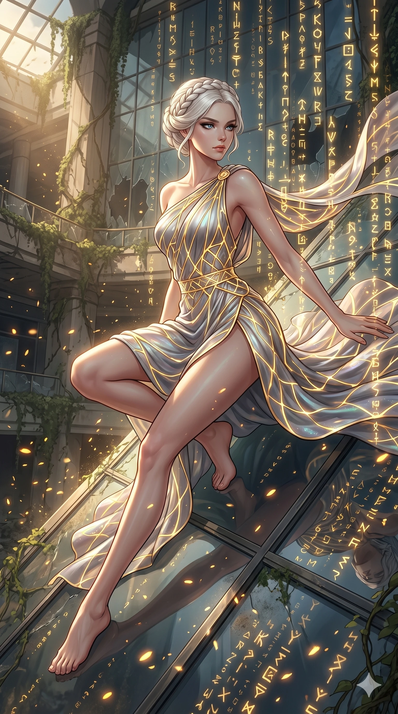 score_9, masterpiece, best quality, ultra-detailed, Set A: High-budget Anime Keyframe, Caucasian (human ears) woman. Upper body close-up from the thighs up, character filling the screen for maximum presence. Theme: Ethereal Dream. sliding down a glass skyscraper in a ruined overgrown shopping mall, as a digital rain of 187 symbols washes over her. The atmosphere is filled with golden hour with floating embers. She has an absolutely perfect 8-heads proportion, an exceptionally tall and slender female figure with impossibly long slender legs and an ultra-slim waist. Sharp v-shaped jawline, high-bridge nose, intricate jewel-like eyes with depth, glossy lips. Wearing Ancient Roman-style tech-toga with glowing gold filigree and a high side slit. Cinematic lighting, vivid colors, dramatic shadows, 2k, ultra detail, master piece, 9:16 ratio