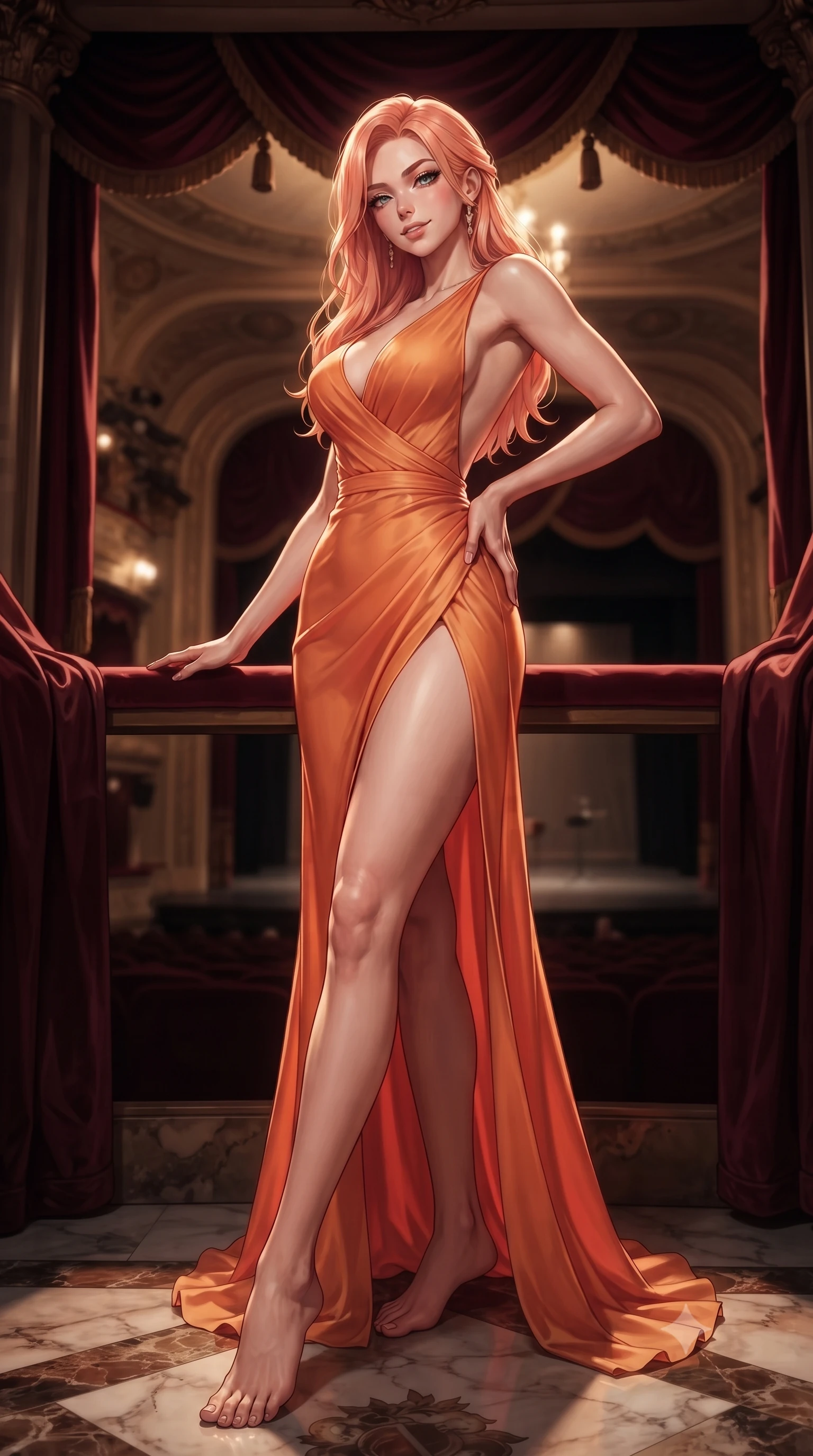 score_9, masterpiece, best quality, ultra-detailed, high-budget anime keyframe, editorial fashion photography, tasteful artistic composition, Japanese woman. low angle full-body shot from head to toe showing her feet, filling the entire 9:16 vertical frame with her statuesque presence, stretching her vertical silhouette. posing confidently with one hand on her hip, stretching her statuesque body to emphasize her curves the background shows a soft-focus an old velvet-draped opera box balcony overlooking a dimly lit theater stage. She has an absolutely perfect, statuesque 8.5-heads proportion, an exceptionally tall and slender model-like female figure with impossibly long slender legs and an ultra-slim waist. sharp v-shaped jawline, high-bridge nose, intricate jewel-like eyes with depth, thick eyelashes, glossy lips with a natural sheen. wearing a body-hugging high-slit resort gown in sunset orange chiffon, featuring a daring thigh-slit and open back. warm stage spotlight key light contrasting with deep crimson shadows. ultra-reflective glossy finish, specular highlights, metallic sheen, high-contrast stereoscopic depth, volumetric dynamic lighting, 2k, ultra detail, master piece, 9:16 ratio