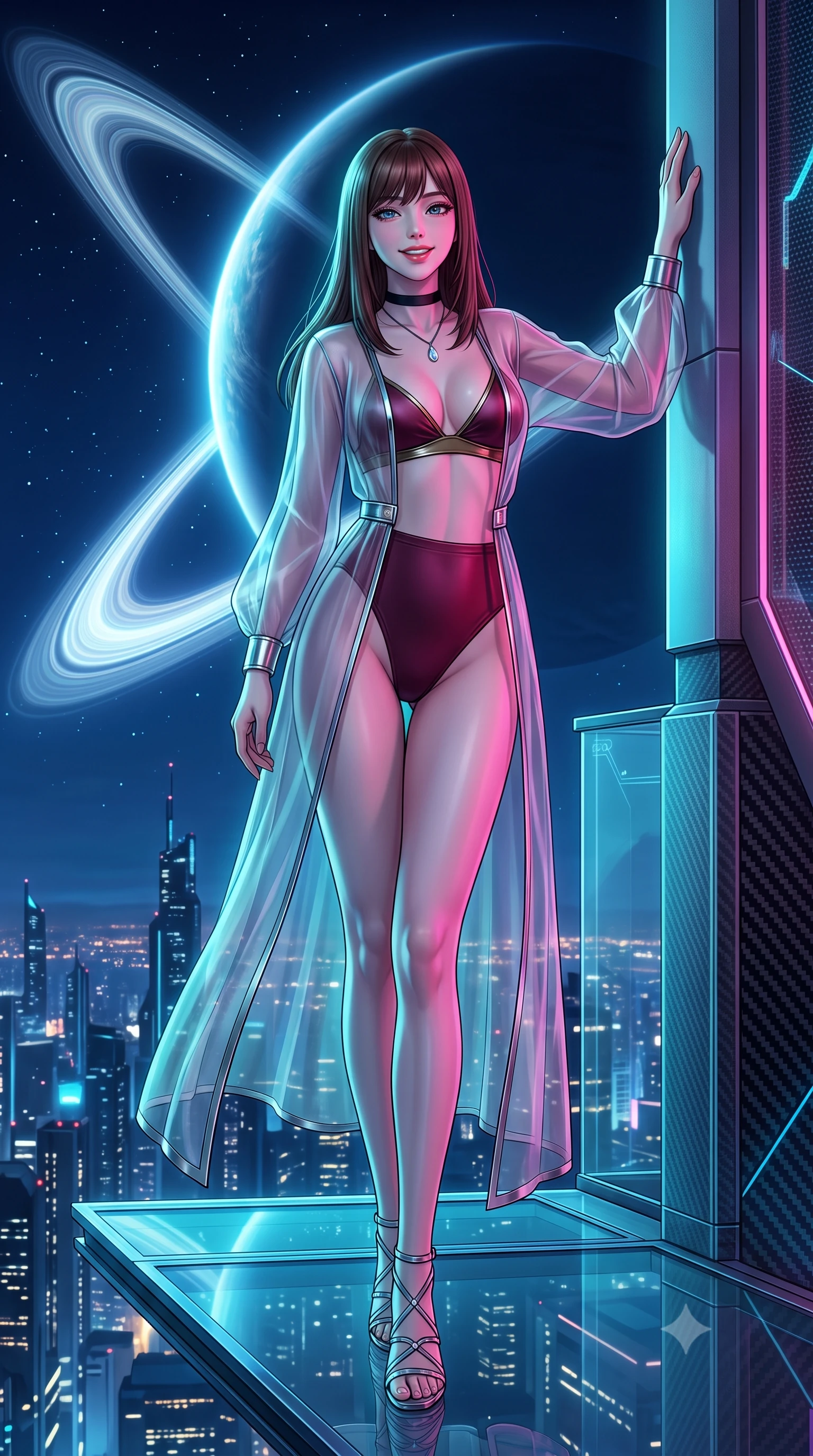 score_9, masterpiece, best quality, ultra-detailed, high-budget anime keyframe, semi-realistic 3D game render, editorial fashion photography, tasteful artistic composition, Korean woman. low angle full-body shot from head to toe showing her feet, filling the entire 9:16 vertical frame with her statuesque presence, stretching her vertical silhouette. standing tall beside the architectural column, one hand resting high while arching her lower back to emphasize her sculpted feminine hips and slender waist while standing poised at the edge of the floating zero-gravity glass platform, arching her spine with cyber-goddess poise as the colossal illuminated planetary orbital ring arcs across the midnight sky. The surrounding environment is rendered in vivid detail and crisp panoramic clarity: sharp carbon-fiber lattice weave, structural holographic emitter seams, and transparent smart-glass clarity in deep focus. She has an exceptionally tall and slender model-like 8.5-heads proportion, an ultra-slim waist, a flat toned midriff, narrow delicate ribcage, and beautifully sculpted feminine hips creating a graceful, slim hourglass silhouette without any bulky heaviness, with impossibly long slender legs. sharp v-shaped jawline, high-bridge nose, intricate jewel-like sparkling eyes with depth, thick eyelashes, glossy parted lips with a natural peach sheen, bright cheerful beaming smile with an enchanting and coquettish sensual glint, exuding both youthful cute charm and seductive allure, flawlessly proportioned anatomical accuracy, strict slender model proportions, natural body alignment, perfectly sculpted long slender limbs, ultra-slim waistline, clean dynamic posture without body distortion. wearing a delicate sheer organza futuristic caftan with metallic chrome accents worn open over a micro liquid-metal bralette in French boudoir bordeaux wine and antique brass, made of fluid liquid jersey with seamless sculpting hold and smooth contours, finished with a thin velvet ribbon choker and a single teardrop diamond pendant, the liquid-tight tailored fabric clinging flawlessly to her narrow waist and rounded feminine hips, emphasizing every millimeter of her sculpted slim hourglass curves without any bulky heaviness. bathed in the dramatic cyan-and-magenta ambient of holographic sea projections contrasted with cool starlight. highly saturated vibrant anime colors, detailed shading with soft gradients, rich glossy textures, high-contrast stereoscopic depth, volumetric dynamic lighting, master piece, 9:16 ratio