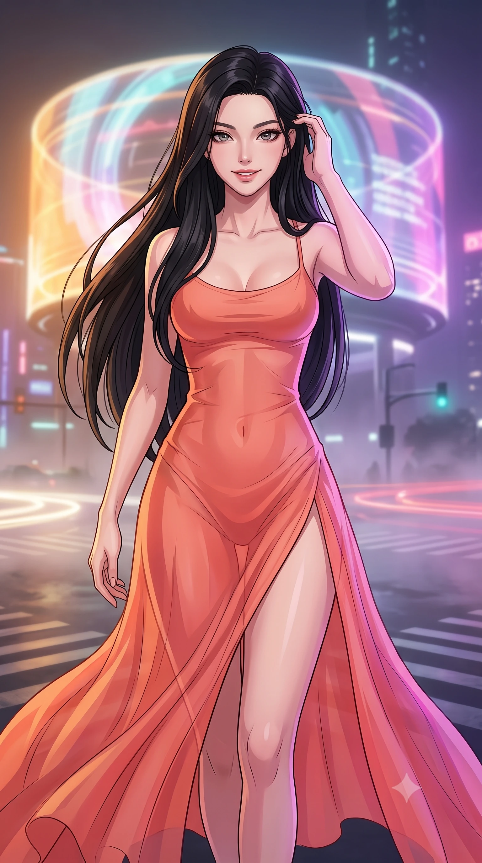 score_9, masterpiece, best quality, ultra-detailed, high-budget anime keyframe, tasteful artistic composition, Korean woman. close-up cowboy shot from the waist and thighs up, the character dominates the composition, filling the frame with her large presence, background elements kept in soft focus. smiling with quiet, magnetic self-assurance directly into the camera, running a hand through her hair the background shows a soft-focus a misty street intersection under a massive spinning hologram ring billboard. She has an exceptionally elegant, slender, and willowy female figure with an ultra-slim waist, a gracefully sculpted slender torso, and a refined silhouette. sharp v-shaped jawline, high-bridge nose, intricate jewel-like eyes with depth, thick eyelashes, glossy lips with a natural sheen. wearing a body-hugging high-slit sheer chiffon resort dress in soft coral, revealing the contours of her athletic build through the fabric. rotating warm amber and cool purple lighting creating a dynamic color wash. highly saturated vibrant anime colors, cel-shading, 2d style, master piece, 9:16 ratio