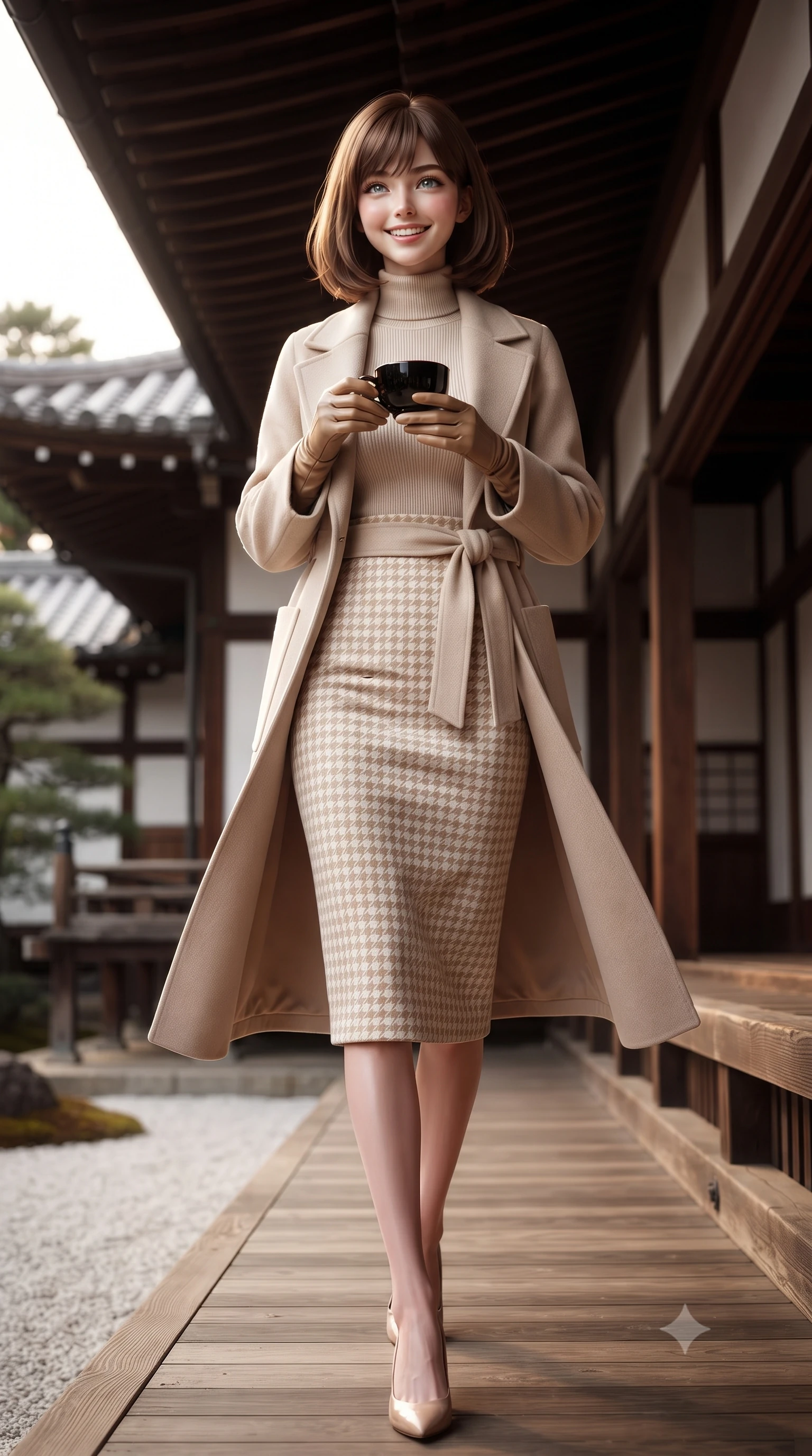 score_9, masterpiece, best quality, ultra-detailed, high-budget anime keyframe, editorial fashion photography, tasteful artistic composition, Caucasian woman. low angle full-body shot from head to toe showing her feet, filling the entire 9:16 vertical frame with her statuesque presence, stretching her vertical silhouette. stepping forward gracefully in mid-motion with a radiant beaming smile, hips swaying with supermodel rhythm as her vertical silhouette fills the frame while holding a black lacquer teacup with both hands on the veranda, looking up toward the camera with an enchanting, peaceful smile. The surrounding environment is rendered in vivid detail and crisp panoramic clarity: detailed modern kimono-wrap wool coat tailoring, sash belt knot, and classical Japanese temple joinery in razor-sharp precision. She has an exceptionally tall and slender model-like 8.5-heads proportion, an ultra-slim waist, a flat toned midriff, narrow delicate ribcage, and beautifully sculpted feminine hips creating a graceful, slim hourglass silhouette without any bulky heaviness, with impossibly long slender legs. sharp v-shaped jawline, high-bridge nose, intricate jewel-like sparkling eyes with depth, thick eyelashes, glossy parted lips with a natural peach sheen, bright cheerful beaming smile with an enchanting and coquettish sensual glint, exuding both youthful cute charm and seductive allure, flawlessly proportioned anatomical accuracy, strict slender model proportions, natural body alignment, perfectly sculpted long slender limbs, ultra-slim waistline, clean dynamic posture without body distortion. wearing a body-hugging fine-knit merino turtleneck tucked seamlessly into a high-waisted tailored houndstooth pencil midi skirt in soft champagne ivory and warm biscuit beige, crafted from fluid liquid velvet offering rich tactile depth while adhering to her hourglass shape, complemented by buttery leather opera gloves tracing her slender arms with sleek polish, the glove-like clinging cut tightly following the natural contour of her hips and long slender legs with youthful 8.5-heads elegance. illuminated by white gravel garden bounce and warm vermilion-gold rim lights defining her delicate features, jawline, and graceful silhouette. ultra-reflective glossy finish, specular highlights, rich textural contrasts, high-contrast stereoscopic depth, volumetric dynamic lighting, 2k, ultra detail, master piece, 9:16 ratio