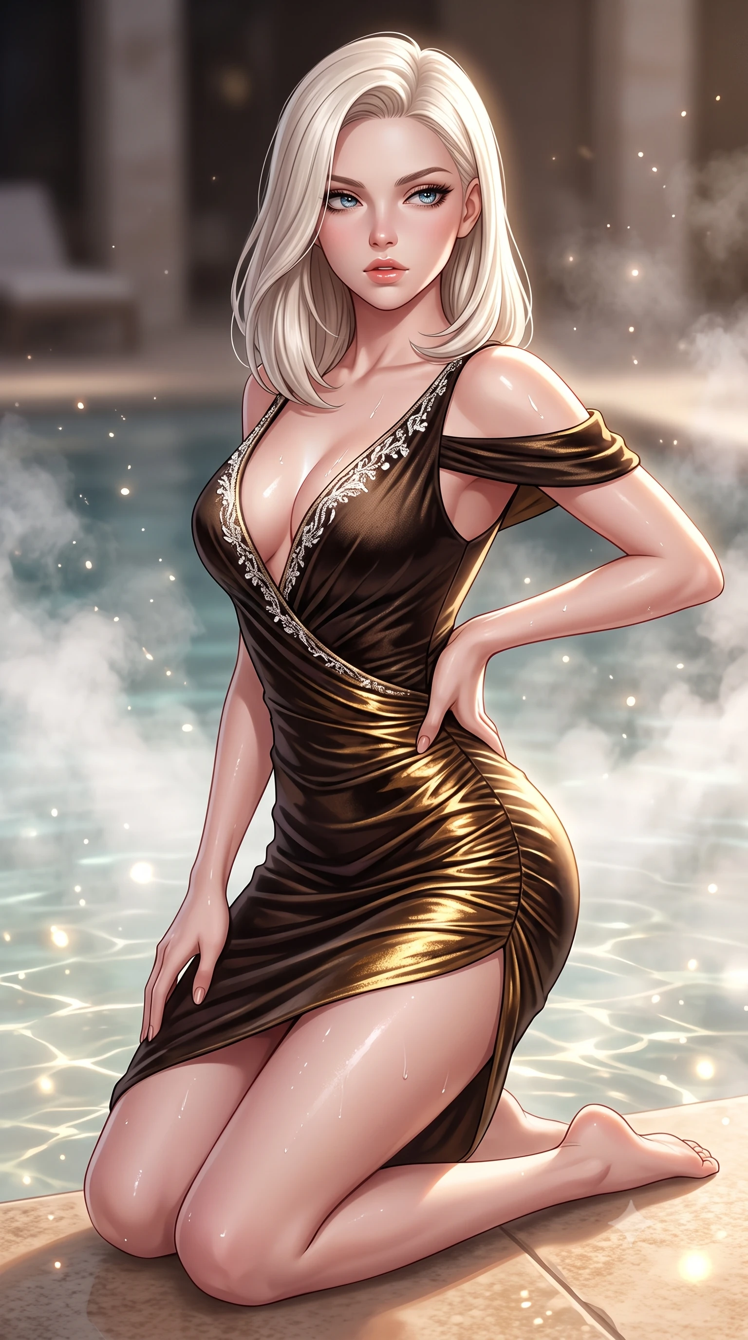 score_9, masterpiece, best quality, ultra-detailed, high-budget anime keyframe, semi-realistic 3D game render, editorial fashion photography, tasteful artistic composition, Caucasian woman. close-up cowboy shot from the waist and thighs up, the character dominates the composition, filling the frame with her large presence. twisting her slender torso in a deep contrapposto stance, hips dramatically shifted to accentuate her feminine curves while looking past her shoulder with smoldering bedroom-eyes while kneeling gracefully on the warm silica stone pool step with one hand on her hip, thermal steam rising to frame her feminine silhouette. The composition keeps background elements in soft focus with creamy bokeh. shimmering silica water caustics and drifting steam particles scattering ethereal glowing light motes. She has an exceptionally elegant, slender, and willowy female figure with an ultra-slim waist, flat toned midriff, narrow ribcage, and sculpted feminine hips creating an alluring, slim hourglass silhouette without bulk. sharp v-shaped jawline, high-bridge nose, intricate jewel-like eyes with depth, thick eyelashes, glossy parted lips with a natural sheen, intensely captivating and seductive bedroom-eyes expression, flawlessly proportioned anatomical accuracy, strict slender model proportions, natural body alignment, perfectly sculpted long slender limbs, ultra-slim waistline, clean dynamic posture without body distortion. wearing a form-contouring cocktail dress with an asymmetrical open shoulder and hip-defining ruching in dark espresso brown and molten gold foil, crafted from heavyweight crushed silk velvet with liquid vintage luster, finished with delicate crystal frost embroidery tracing the plunging neckline, the second-skin form-contouring cut accentuating her sculpted flat midriff, narrow delicate ribcage, and gracefully curvy hips with supermodel precision. illuminated by wet specular highlights accentuating her slender neckline, sculpted waist, and rounded hips. highly saturated vibrant anime colors, detailed shading with soft gradients, rich glossy textures, high-contrast stereoscopic depth, volumetric dynamic lighting, master piece, 9:16 ratio