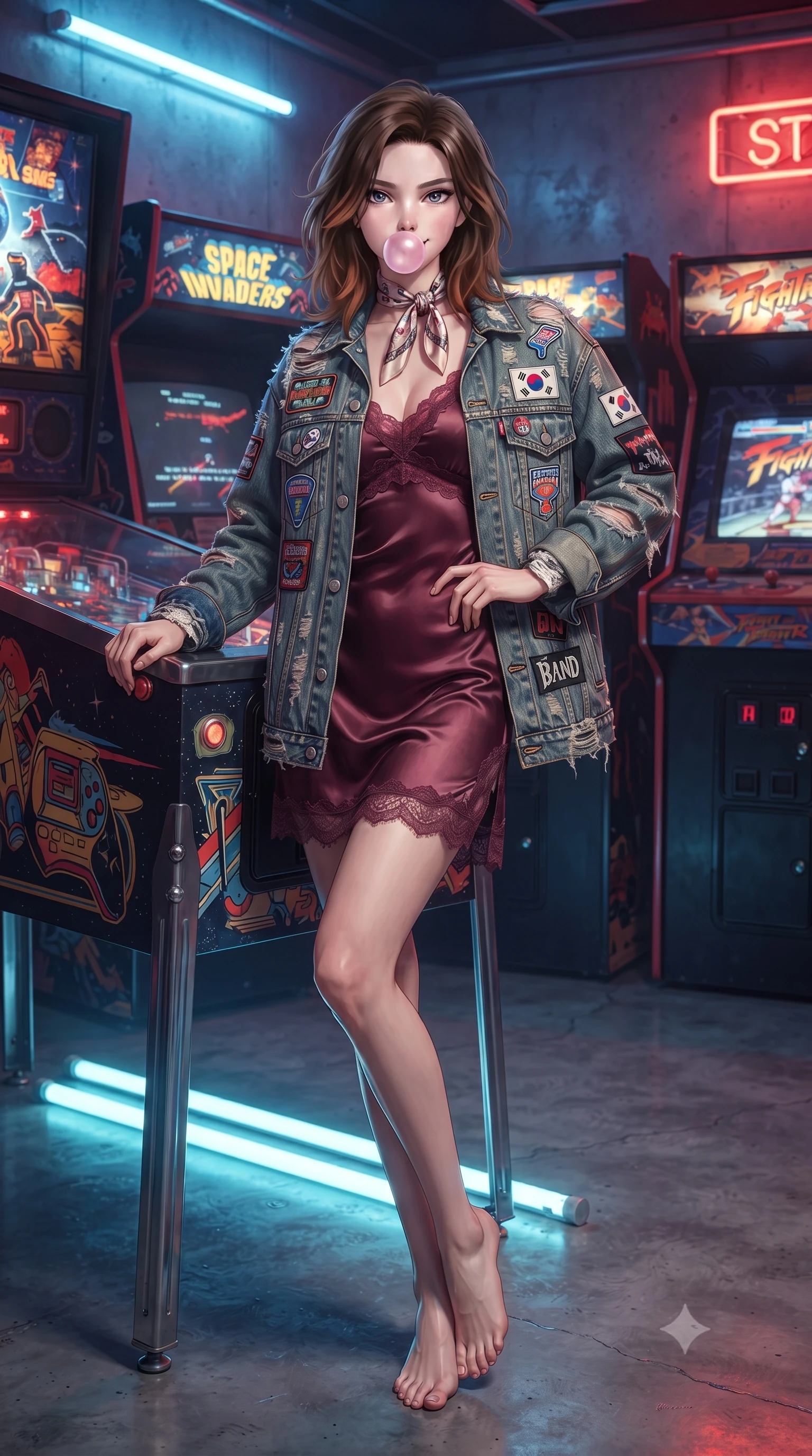 score_9, masterpiece, best quality, ultra-detailed, high-budget anime keyframe, editorial fashion photography, tasteful artistic composition, Korean woman. low angle full-body shot from head to toe showing her feet, filling the entire 9:16 vertical frame with her statuesque presence, stretching her vertical silhouette. landing lightly on the balls of her feet in a balanced kinetic stance, eyes locked onto the camera with fearless allure while leaning against a pinball machine with one hip cocked, chewing bubblegum with a playful, teasing smile at the lens. The surrounding environment is rendered in vivid detail and crisp panoramic clarity. detailed denim jacket patches, arcade cabinet side art, and floor neon reflections in high resolution. She has an absolutely perfect, statuesque 8.5-heads proportion, an exceptionally tall and slender model-like female figure with impossibly long slender legs, a toned flat midriff, and an ultra-slim waist. sharp v-shaped jawline, high-bridge nose, intricate jewel-like eyes with depth, thick eyelashes, glossy lips with a natural sheen, captivating and magnetic expression, flawlessly proportioned anatomical accuracy, strict slender model proportions, natural body alignment, perfectly sculpted long slender limbs, ultra-slim waistline, clean dynamic posture without body distortion. wearing a romantic 90s silk satin slip dress layered under an unbuttoned vintage oversized denim jacket in rich wine burgundy and faded vintage blue, made of premium heavyweight washed denim and breathable cotton poplin, complemented by a delicate silk scarf tied playfully around her neck, the precision-cut daring openings accentuating her delicate midriff, graceful bare collarbones, and ultra-slim feminine waistline. illuminated by crisp directional highlights defining her toned midriff, slender waist, and long legs. ultra-reflective glossy finish, specular highlights, rich textural contrasts, high-contrast stereoscopic depth, volumetric dynamic lighting, 2k, ultra detail, master piece, 9:16 ratio