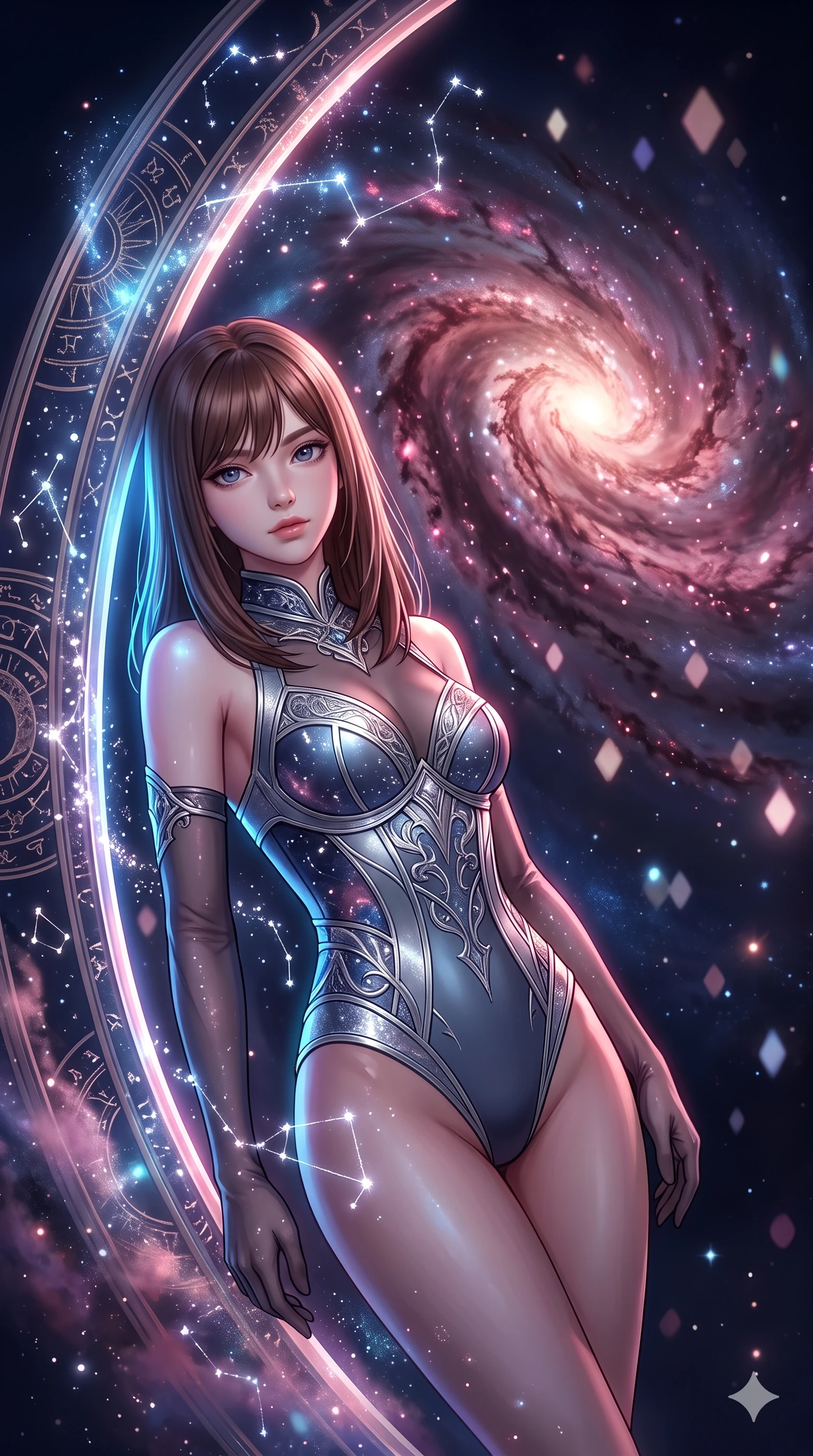 score_9, masterpiece, best quality, ultra-detailed, high-budget anime keyframe, semi-realistic 3D game render, editorial fashion photography, tasteful artistic composition, Korean woman. close-up cowboy shot from the waist and thighs up, the character dominates the composition, filling the frame with her large presence. turning slowly with an enchanting smoldering smile, her glossy hair tossing in the breeze as her hips angle gracefully in a captivating contrapposto while leaning against the celestial meridian arch with hips cocked back, looking through floating zodiac dust into the purple galactic core with smoldering bedroom-eyes. The background shows a soft-focus swirling rose and violet arms of the spiral galaxy, glowing constellation lines, and floating stardust arcs in vacuum blurred into magenta, amethyst, and diamond bokeh. She has an exceptionally elegant, slender, and willowy female figure with an ultra-slim waist, flat toned midriff, narrow ribcage, and sculpted feminine hips creating an alluring, slim hourglass silhouette without bulk. sharp v-shaped jawline, high-bridge nose, intricate jewel-like sparkling eyes with depth, thick eyelashes, glossy parted lips with a natural peach sheen, bright cheerful beaming smile with an enchanting and coquettish sensual glint, exuding both youthful cute charm and seductive allure, flawlessly proportioned anatomical accuracy, strict slender model proportions, natural body alignment, perfectly sculpted long slender limbs, ultra-slim waistline, clean dynamic posture without body distortion. wearing a provocative sheer-illusion lace bodysuit with strategic metallic foil flocking and high-cut leg openings in slate blue and metallic silver, crafted from fluid liquid silk satin that clings smoothly to her narrow waist and rounded hips with a dewy sheen, complemented by sheer opera-length evening gloves tracing her slender arms, the high-slit wrap tailoring accentuating her ultra-slim waistline and the enchanting curve of her feminine hips with alluring seductive charm. illuminated by zodiac disc reflection bounce and sharp nebula-magenta rim lights sculpting her jawline, narrow waist, and curvy hips. highly saturated vibrant anime colors, detailed shading with soft gradients, rich glossy textures, high-contrast stereoscopic depth, volumetric dynamic lighting, master piece, 9:16 ratio