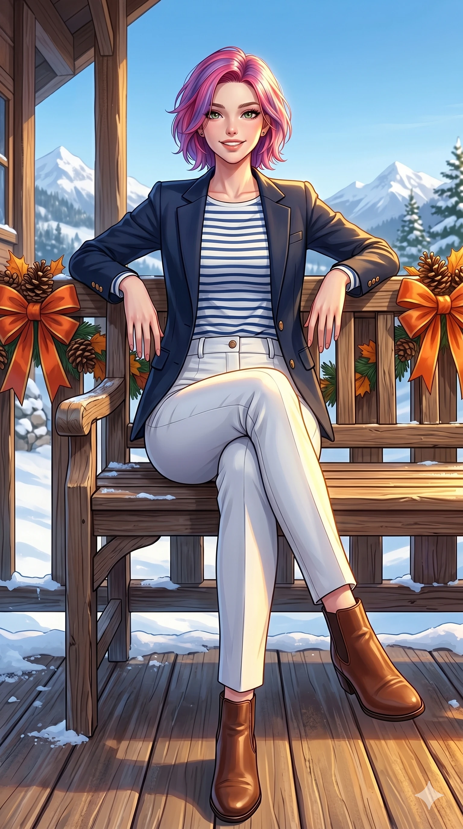 score_9, masterpiece, best quality, ultra-detailed, high-budget anime keyframe, vibrant anime aesthetic, Caucasian woman, strictly human ears. low angle full-body shot from head to toe showing her feet, filling the entire 9:16 vertical frame with her statuesque presence, stretching her vertical silhouette. She is sitting on a wooden bench, smiling cheerfully while enjoying the winter sun on a wooden balcony decorated with autumn pine cones and orange ribbons (Code-P21-022). She has an absolutely perfect 8-heads proportion, an exceptionally tall and slender female figure with impossibly long slender legs and an ultra-slim waist. V-shaped jawline, high-bridge nose, intricate jewel-like eyes with depth, thick eyelashes, glossy lips with a natural sheen. wearing a navy blazer over a striped cotton shirt and white pants in winter. She is bathed in a beautiful winter contrast of warm yellow sunbeams and cool snow reflections. 2k, ultra detail, master piece, 9:16 ratio