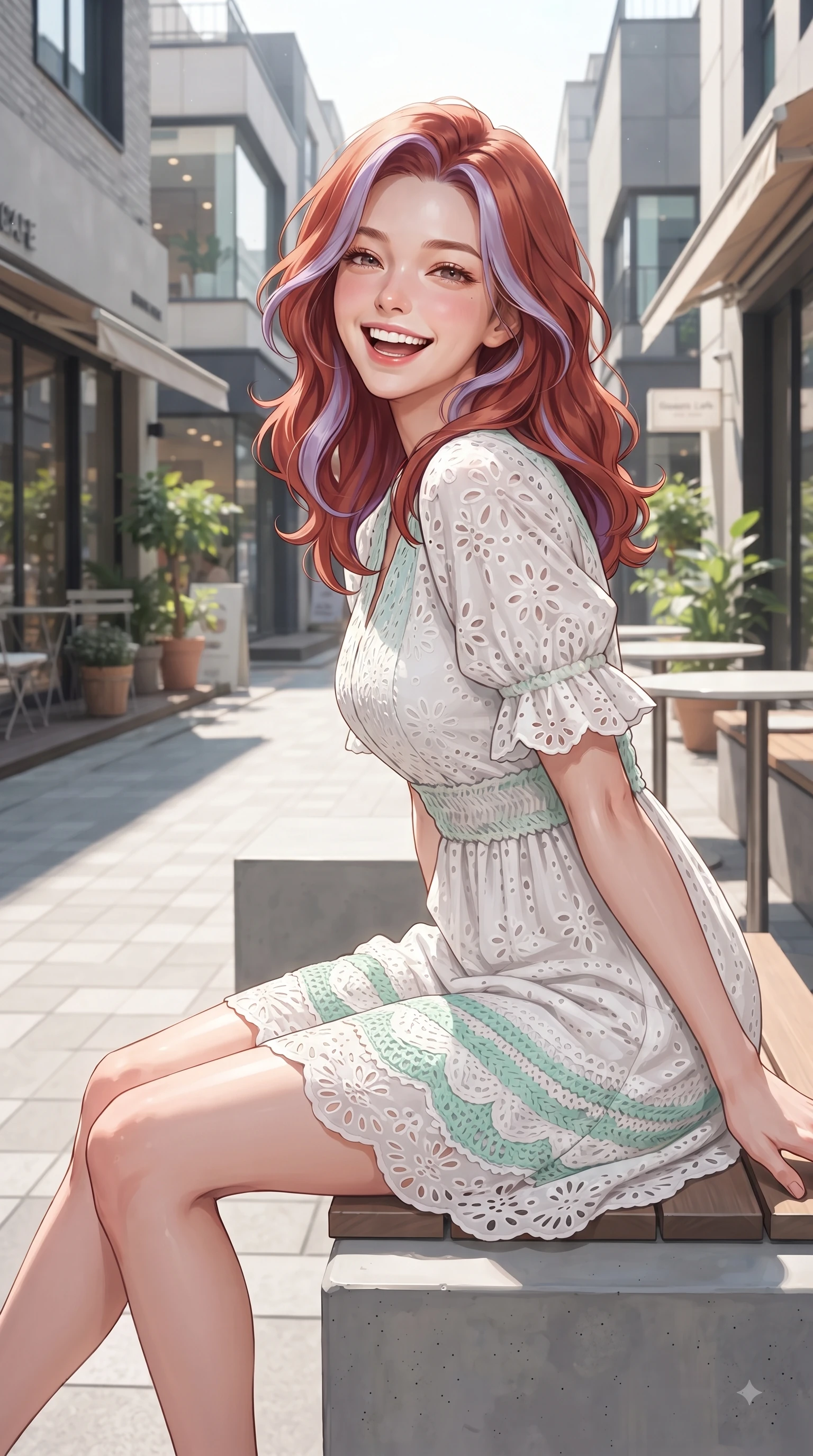 score_9, masterpiece, best quality, ultra-detailed, high-budget anime keyframe, editorial fashion photography, tasteful artistic composition, Caucasian woman. close-up cowboy shot from the waist and thighs up, the character dominates the composition, filling the frame with her large presence. Gazing directly into the camera with a fresh, infectious smile as her torso curves dynamically in mid-stride while resting on a sleek modern outdoor bench outside a trendy dessert cafe with a joyful expression. The surrounding environment is rendered in vivid detail and crisp panoramic clarity. crisp sunlight highlights filtering between stylish Seongsu boutiques and modern cafes. She has an exceptionally elegant, slender, and willowy female figure with an ultra-slim waist, a gracefully sculpted slender torso, and a refined silhouette. sharp v-shaped jawline, high-bridge nose, intricate jewel-like eyes with depth, thick eyelashes, glossy lips with a natural sheen, flawlessly proportioned anatomical accuracy, natural body alignment, perfectly sculpted elegant limbs, clean dynamic posture without body distortion. wearing an airy white eyelet lace sundress with a woven straw hat motif in refreshing mint green and crisp white, crafted from soft breathable linen, accented with soft smocked details and fluttery cuffs, the tailored casual silhouette highlighting her fresh and youthful presence. illuminated by crisp clear afternoon key light and vibrant street highlights. ultra-reflective glossy finish, specular highlights, metallic sheen, high-contrast stereoscopic depth, volumetric dynamic lighting, 2k, ultra detail, master piece, 9:16 ratio