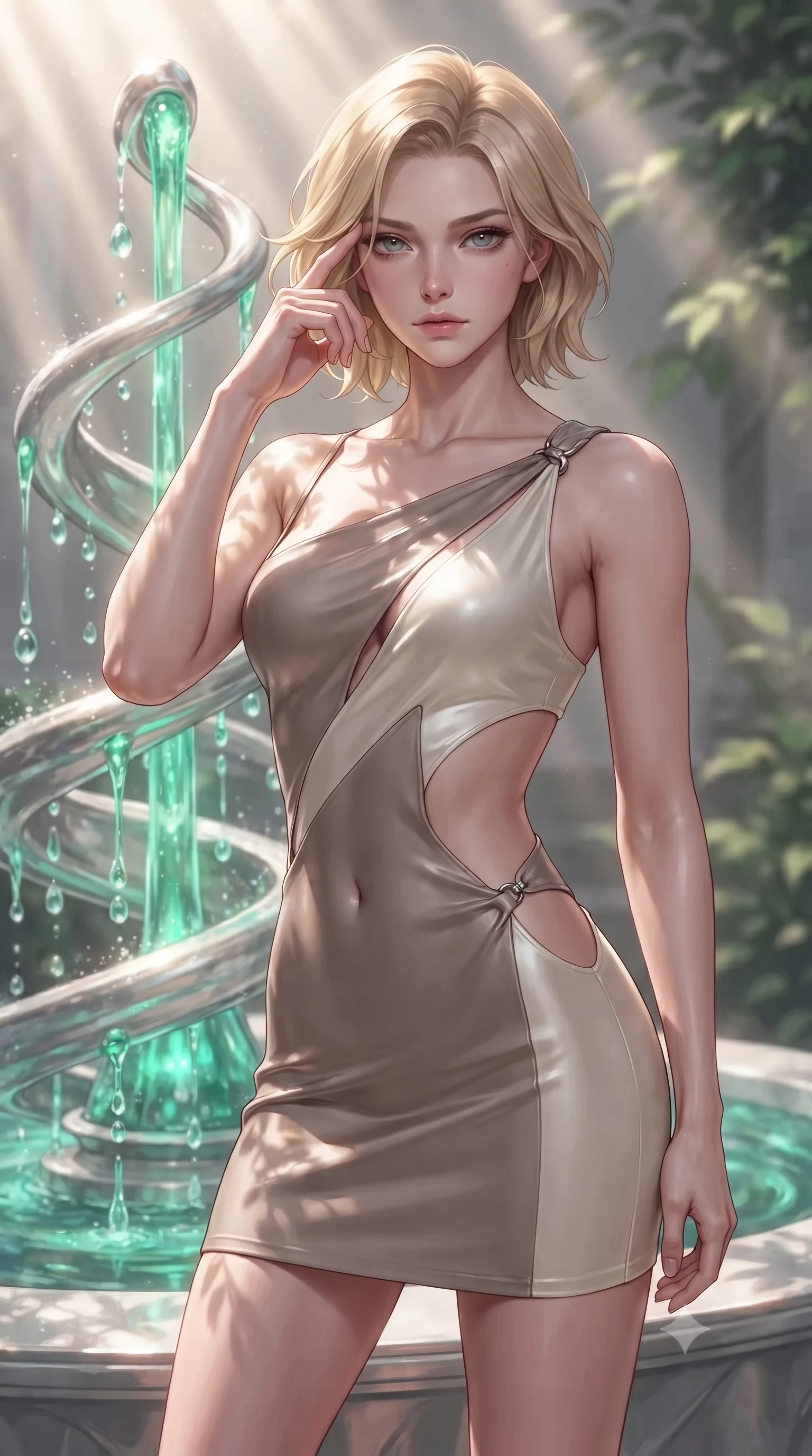 score_9, masterpiece, best quality, ultra-detailed, high-budget anime keyframe, editorial fashion photography, tasteful artistic composition, Caucasian woman. close-up cowboy shot from the waist and thighs up, the character dominates the composition, filling the frame with her large presence, background elements kept in soft focus. Pressing two fingers to her temple in a composed thoughtful gesture with an air of magnetic charisma standing by a hydro-flow spiral fountain flowing with bioluminescent emerald sap, translucent water droplets cascading down platinum fountains. She has an exceptionally elegant, slender, and willowy female figure with an ultra-slim waist, a gracefully sculpted slender torso, and a refined silhouette. sharp v-shaped jawline, high-bridge nose, intricate jewel-like eyes with depth, thick eyelashes, glossy lips with a natural sheen. wearing a dramatic open-waist cutout mini dress framed by sculptural hardware in muted taupe and soft ivory, crafted from smooth liquid silk, featuring clean architectural cutouts along her slender torso, the elegant draped fit framing her graceful clavicle and slender torso. illuminated by brilliant sunbeams casting organic leaf stencil shadows. ultra-reflective glossy finish, specular highlights, metallic sheen, high-contrast stereoscopic depth, volumetric dynamic lighting, 2k, ultra detail, master piece, 9:16 ratio