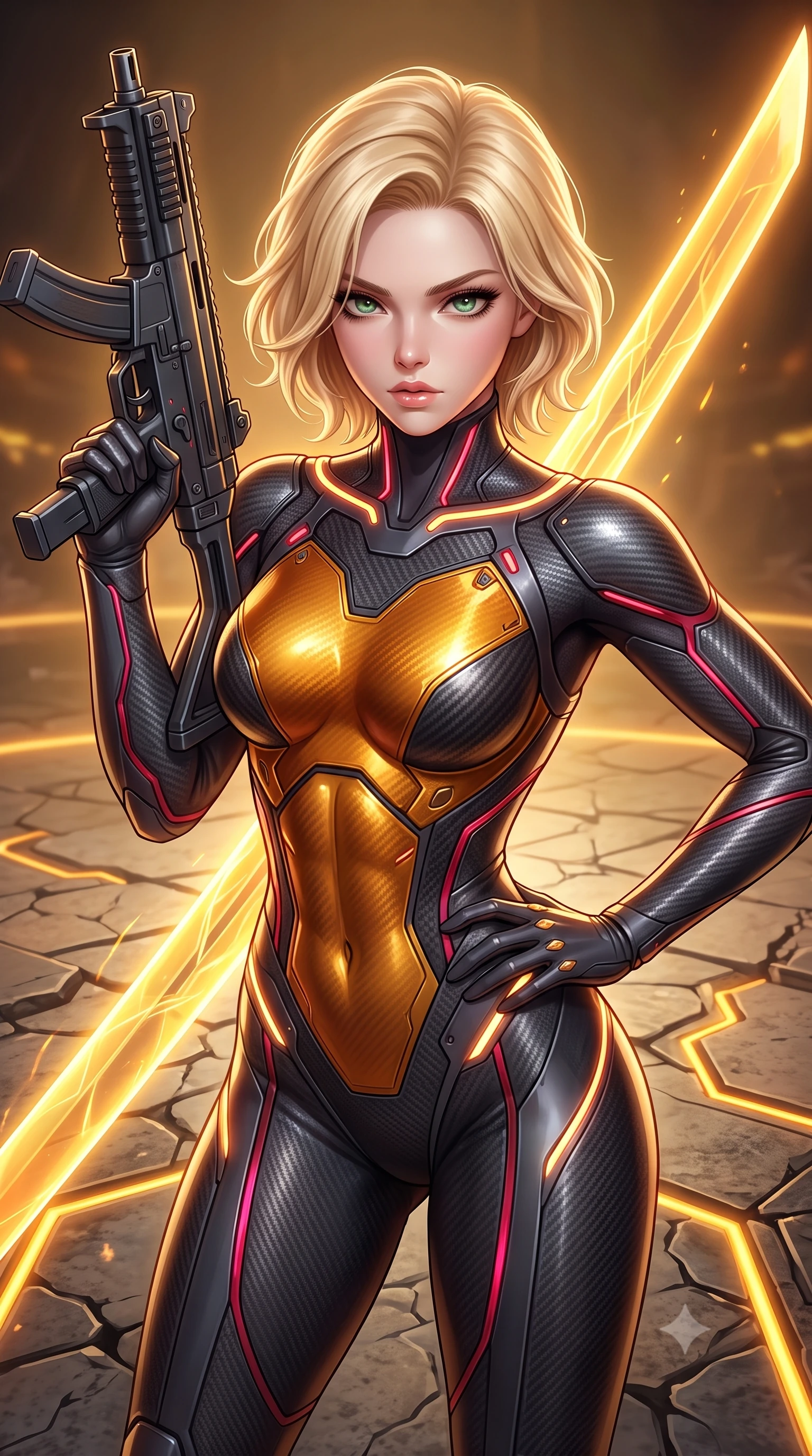 score_9, masterpiece, best quality, ultra-detailed, high-budget anime keyframe, semi-realistic 3D game render, editorial fashion photography, tasteful artistic composition, Caucasian woman. close-up cowboy shot from the waist and thighs up, the character dominates the composition, filling the frame with her large presence. looking into the camera lens with intense, captivating depth, softly parted glossy lips and thick eyelashes framing her fierce battle-ready gaze while resting one hand on her slender hip while looking down the edge of her massive weapon with haughty, captivating allure. The surrounding environment is rendered in vivid detail and crisp panoramic clarity. detailed carbon-composite sword fuller weave, glowing golden power conduits, and cracked arena stone in deep focus. She has an exceptionally elegant, slender, and willowy female figure with an ultra-slim waist, a gracefully sculpted slender torso, toned flat midriff, and a refined slim silhouette. sharp v-shaped jawline, high-bridge nose, intricate jewel-like eyes with depth, thick eyelashes, glossy lips with a natural sheen, flawlessly proportioned anatomical accuracy, strict slender model proportions, natural body alignment, perfectly sculpted long slender limbs, ultra-slim waistline, clean dynamic posture without body distortion. wearing a second-skin dark gunmetal carbon-weave battle-suit with crimson laser conduits, brandishing a sleek high-tech composite submachine weapon with effortless allure in molten amber-gold carbon cuirass with dark titanium weave, crafted from ultra-strong woven carbon-fiber composite with a satin luster, accented with glowing fiber-optic conduits tracing her collarbones and hip curves, the sleek second-skin cut tightly hugging her graceful clavicle, narrow waist, and feminine curves with athletic precision. bathed in warm golden arena searchlights and glowing greatsword energy channel radiance. rich saturated anime colors with glowing neon highlights, detailed shading with soft gradients, rich glossy textures, high-contrast stereoscopic depth, volumetric dynamic lighting, master piece, 9:16 ratio