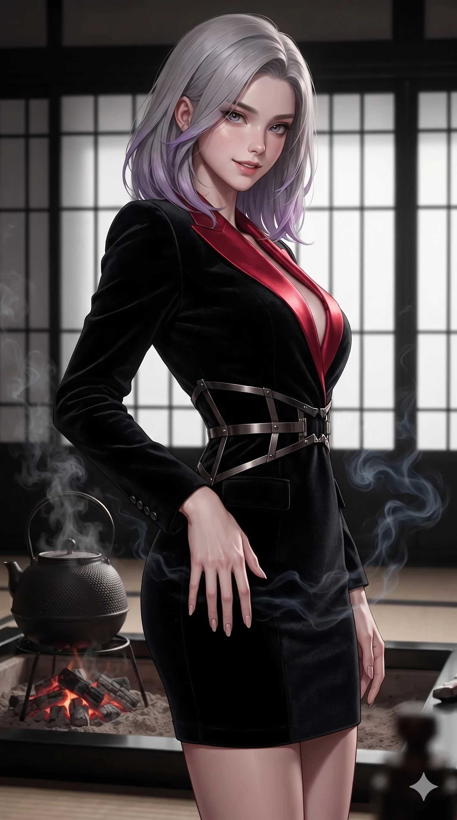 score_9, masterpiece, best quality, ultra-detailed, high-budget anime keyframe, editorial fashion photography, tasteful artistic composition, Caucasian woman. close-up cowboy shot from the waist and thighs up, the character dominates the composition, filling the frame with her large presence. tilting her head with a teasing half-smile, running one hand slowly down the side of her hip in a flirtatious S-curve while twisting her slender torso in an alluring S-curve beside the steaming cast-iron tetsubin kettle, fragrant black incense smoke drifting past her curves. The surrounding environment is rendered in vivid detail and crisp panoramic clarity: detailed tailored onyx tux dress drape, fine silk lapel texture, and Japanese minimalist joinery in razor-sharp precision. She has an exceptionally elegant, slender, and willowy female figure with an ultra-slim waist, flat toned midriff, narrow ribcage, and sculpted feminine hips creating an alluring, slim hourglass silhouette without bulk. sharp v-shaped jawline, high-bridge nose, intricate jewel-like dark sparkling eyes with hypnotic seductive depth, thick curled eyelashes, glossy parted lips with a natural wine sheen, alluring bedroom-eyes with an enigmatic smoldering smile, exuding magnetic sovereign charisma and dark avant-garde glamour, flawlessly proportioned anatomical accuracy, strict slender model proportions, natural body alignment, perfectly sculpted long slender limbs, ultra-slim waistline, clean dynamic posture without body distortion. wearing a tailored onyx black tux dress with silk lapels and fitted waist in crimson laser red and cold midnight shadow tones, tailored from crushed dark velvet with deep light-absorbing plush texture, highlighted by a gunmetal metallic harness structure, the bespoke structured tailoring following the natural line of her 8.5-heads silhouette with refined elegance. bathed in soft diffuse light filtering through black paper shoji screens and glowing charcoal brazier embers. ultra-reflective glossy finish, specular highlights, metallic sheen, high-contrast stereoscopic depth, volumetric dynamic lighting, 2k, ultra detail, master piece, 9:16 ratio
