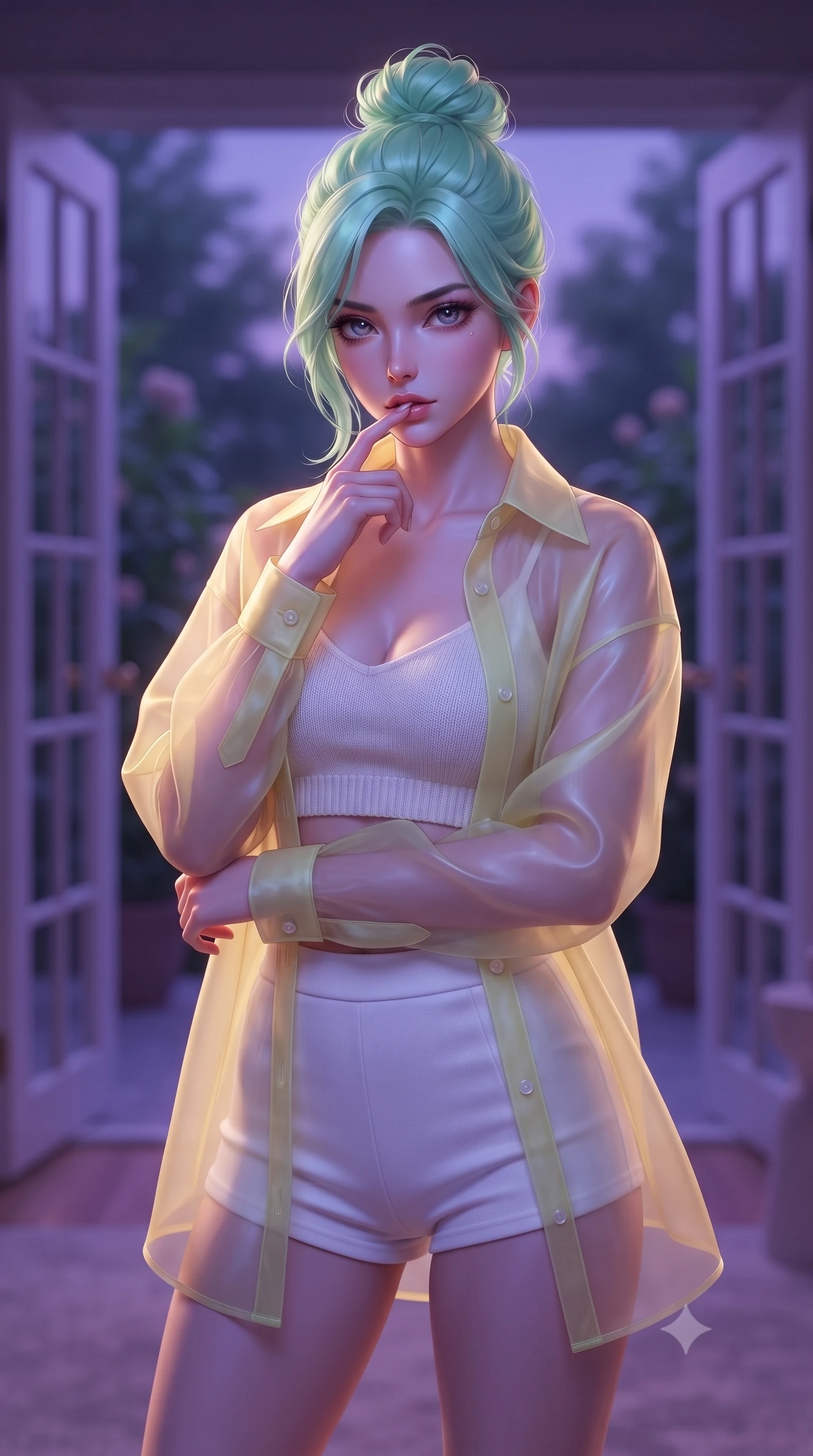 score_9, masterpiece, best quality, ultra-detailed, high-budget anime keyframe, editorial fashion photography, tasteful artistic composition, Japanese woman woman. close-up cowboy shot from the waist and thighs up, the character dominates the composition, filling the frame with her large presence, background elements kept in soft focus. pressing one finger to her bottom lip in a thoughtful, seductive gesture under the warm sun the background shows a soft-focus a bedroom suite with double glass doors opening to a quiet botanical patio at dusk. She has an exceptionally elegant, slender, and willowy female figure with an ultra-slim waist, a gracefully sculpted slender torso, and a refined silhouette. sharp v-shaped jawline, high-bridge nose, intricate jewel-like eyes with depth, thick eyelashes, glossy lips with a natural sheen. wearing a form-contouring sheer organza shirt in pale yellow worn open over a knit crop top and micro-shorts. deep violet twilight sky glow casting cool highlights on her form. ultra-reflective glossy finish, specular highlights, metallic sheen, high-contrast stereoscopic depth, volumetric dynamic lighting, 2k, ultra detail, master piece, 9:16 ratio
