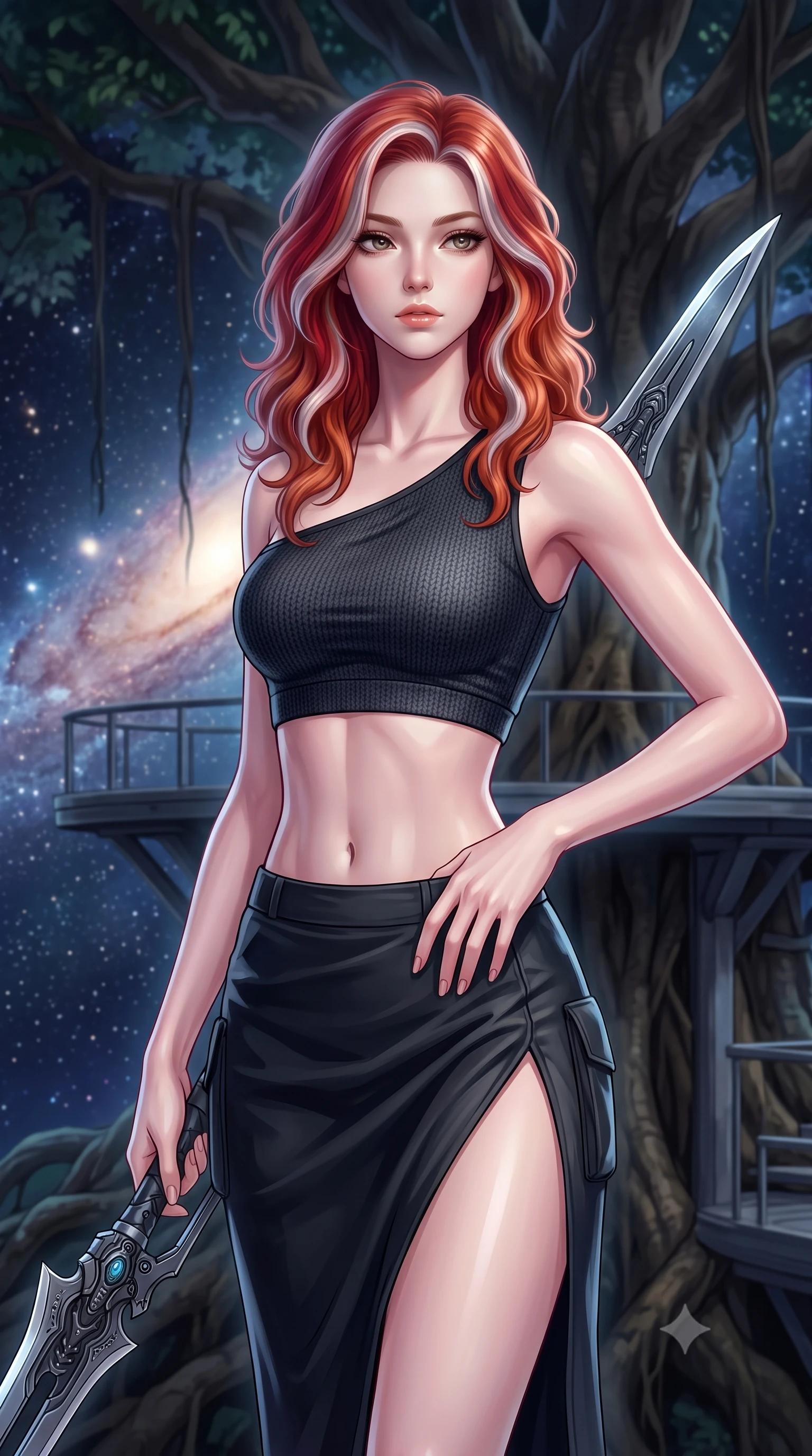 score_9, masterpiece, best quality, ultra-detailed, high-budget anime keyframe, editorial fashion photography, tasteful artistic composition, Caucasian woman. close-up cowboy shot from the waist and thighs up, the character dominates the composition, filling the frame with her large presence, background elements kept in soft focus. holding a deactivated nanotech glaive, looking past the camera with quiet, sharp focus and a composed expression, the background shows a soft-focus a banyan tree observatory platform looking out at a galaxy nebula in stardust. She has an exceptionally elegant, slender, and willowy female figure with an ultra-slim waist, a gracefully sculpted slender torso, and a refined silhouette. sharp v-shaped jawline, high-bridge nose, intricate jewel-like eyes with depth, thick eyelashes, glossy lips with a natural sheen. wearing a form-contouring asymmetric one-shoulder crop top in carbon knit, paired with a high-slit combat skirt. soft silver starlight wrapping her statuesque posture in a quiet, solemn mood. highly saturated vibrant anime colors, detailed shading with soft gradients, rich glossy textures, high-contrast stereoscopic depth, volumetric dynamic lighting, master piece, 9:16 ratio
