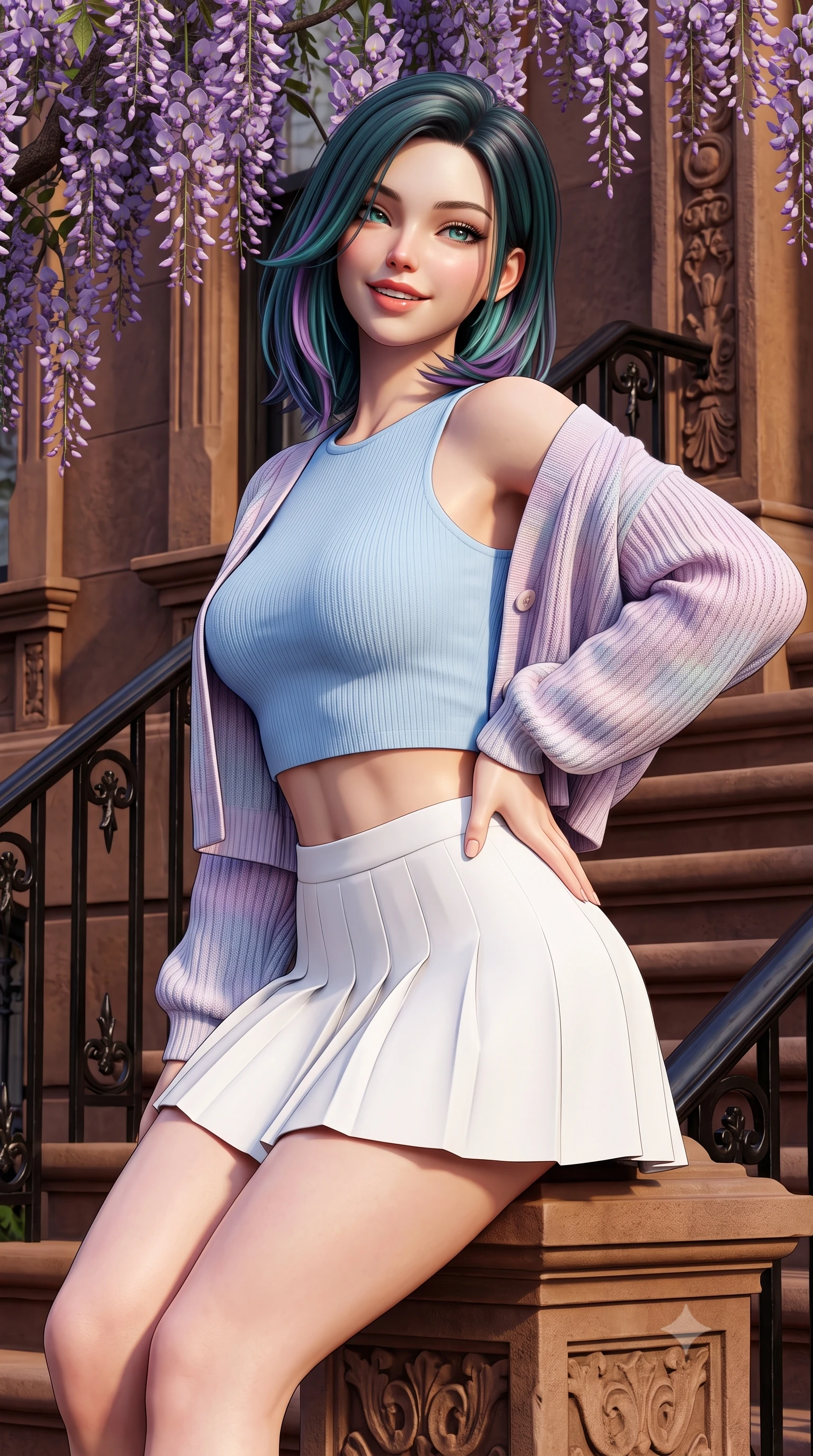 score_9, masterpiece, best quality, ultra-detailed, high-budget anime keyframe, semi-realistic 3D game render, editorial fashion photography, tasteful artistic composition, Caucasian woman. close-up cowboy shot from the waist and thighs up, the character dominates the composition, filling the frame with her large presence. twisting her slender torso in an alluring contrapposto stance, one hand resting on her sculpted hip while flashing a radiant, playful smile with parted glossy lips while sitting gracefully on the warm brownstone stone steps beneath cascading purple wisteria vines, arching her lower back with a radiant, cute smile. The surrounding environment is rendered in vivid detail and crisp panoramic clarity. sharp carved brownstone masonry textures, black iron handrail details, and wisteria petal venation in deep focus. She has an exceptionally elegant, slender, and willowy female figure with an ultra-slim waist, flat toned midriff, narrow ribcage, and sculpted feminine hips creating an alluring, slim hourglass silhouette without bulk. sharp v-shaped jawline, high-bridge nose, intricate jewel-like sparkling eyes with depth, thick eyelashes, glossy parted lips with a natural peach sheen, bright cheerful beaming smile with an enchanting and coquettish sensual glint, exuding both youthful cute charm and seductive allure, flawlessly proportioned anatomical accuracy, strict slender model proportions, natural body alignment, perfectly sculpted long slender limbs, ultra-slim waistline, clean dynamic posture without body distortion. wearing a cropped pastel ribbed knit cardigan paired with an ultra-short high-waisted pleated tennis skirt clinging tightly to her curvy hips in soft baby blue and crisp cloud white, crafted from liquid-tight stretch jersey emphasizing every curve, complemented by an oversized soft knit cardigan slipping off one bare shoulder, the form-fitting cut adhering flawlessly to her sculpted flat midriff and slender torso, emphasizing her long leg lines and perfectly proportioned willowy build. illuminated by warm sandstone stoop bounce light contouring her razor-sharp jawline, narrow waist, and curvy hips. highly saturated vibrant anime colors, detailed shading with soft gradients, rich glossy textures, high-contrast stereoscopic depth, volumetric dynamic lighting, master piece, 9:16 ratio