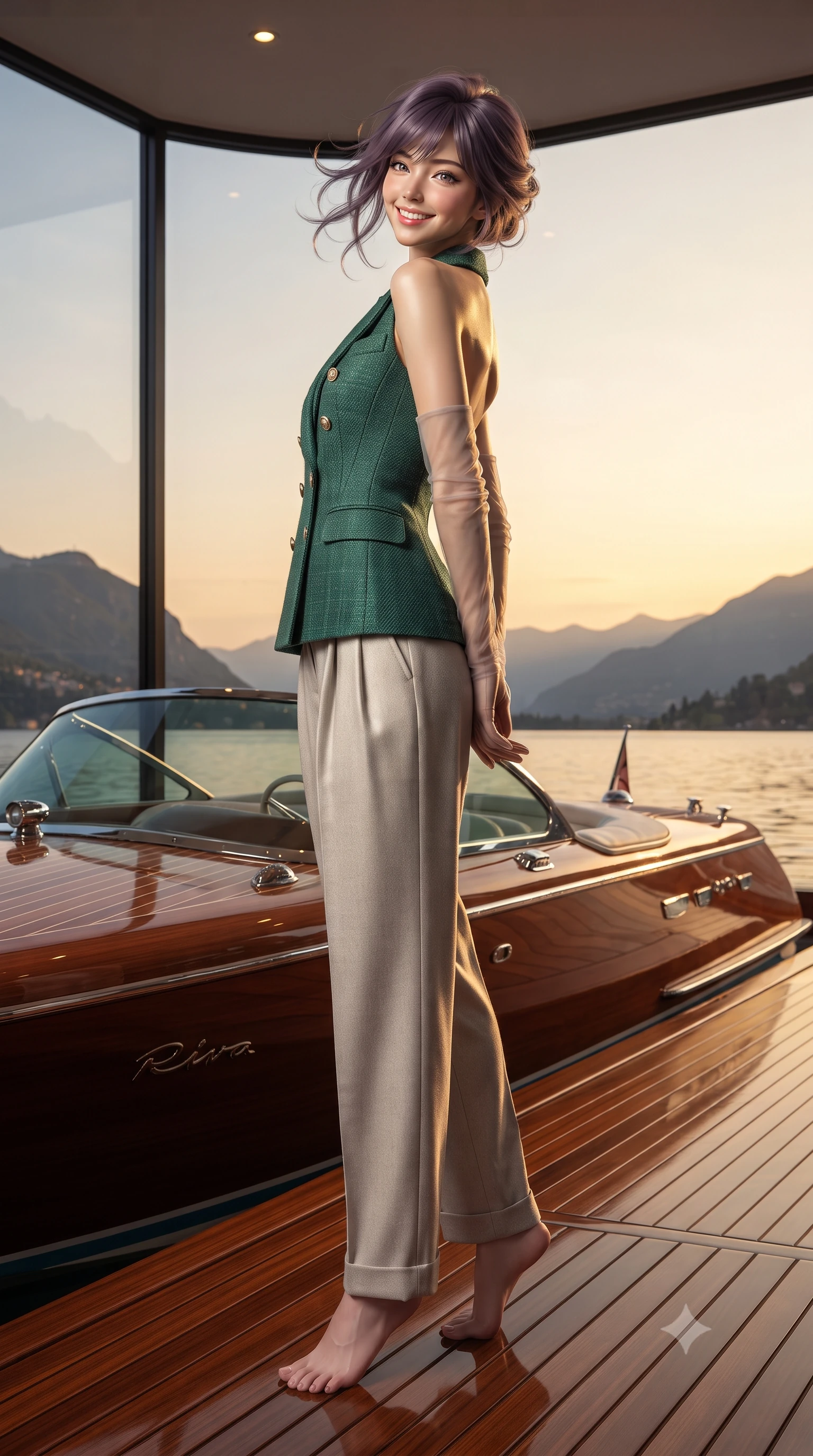 score_9, masterpiece, best quality, ultra-detailed, high-budget anime keyframe, editorial fashion photography, tasteful artistic composition, Japanese woman. low angle full-body shot from head to toe showing her feet, filling the entire 9:16 vertical frame with her statuesque presence, stretching her vertical silhouette. posing in a classic haute-couture S-curve stance beside the floor-to-ceiling window, looking over a bare shoulder with magnetic presence while standing poised on the polished nautical mahogany sundeck beside a vintage Riva wooden runabout speedboat, arching her spine with effortless supermodel poise as Alpine breezes rustle. The surrounding environment is rendered in vivid detail and crisp panoramic clarity: detailed garment cut, bodycon cling or tailoring, and luxury nautical craft in high resolution. She has an exceptionally tall and slender model-like 8.5-heads proportion, an ultra-slim waist, a flat toned midriff, narrow delicate ribcage, and beautifully sculpted feminine hips creating a graceful, slim hourglass silhouette without any bulky heaviness, with impossibly long slender legs. sharp v-shaped jawline, high-bridge nose, intricate jewel-like sparkling eyes with depth, thick eyelashes, glossy parted lips with a natural peach sheen, bright cheerful beaming smile with an enchanting and coquettish sensual glint, exuding both youthful cute charm and seductive allure, flawlessly proportioned anatomical accuracy, strict slender model proportions, natural body alignment, perfectly sculpted long slender limbs, ultra-slim waistline, clean dynamic posture without body distortion. wearing a tailored Andalusian equestrian double-breasted tweed cape blazer paired with pleated wool trousers in Art Nouveau malachite green and antique starlight silver, crafted from bespoke double-faced cashmere with an exceptionally soft tactile finish, complemented by sheer opera-length evening gloves tracing her slender arms, the bespoke structured tailoring following the natural line of her 8.5-heads silhouette with refined elegance. bathed in the warm golden 2800K late afternoon Alpine sunset light transitioning into twilight. ultra-reflective glossy finish, specular highlights, rich textural contrasts, high-contrast stereoscopic depth, volumetric dynamic lighting, 2k, ultra detail, master piece, 9:16 ratio