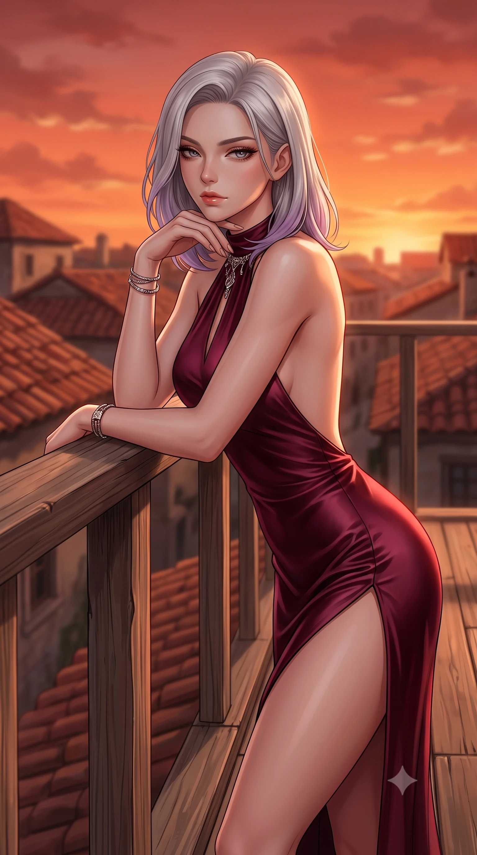 score_9, masterpiece, best quality, ultra-detailed, high-budget anime keyframe, editorial fashion photography, tasteful artistic composition, Caucasian woman woman. close-up cowboy shot from the waist and thighs up, the character dominates the composition, filling the frame with her large presence, background elements kept in soft focus. resting her chin on the backs of her fingers, casting a heavy-lidded, sultry look past the camera the background shows a soft-focus a simple rooftop platform with a wooden floor, looking over the tiled roofs of the town. She has an exceptionally elegant, slender, and willowy female figure with an ultra-slim waist, a gracefully sculpted slender torso, and a refined silhouette. sharp v-shaped jawline, high-bridge nose, intricate jewel-like eyes with depth, thick eyelashes, glossy lips with a natural sheen. wearing a form-contouring high-slit satin gown in deep burgundy with an elegant halter neck and open back. the orange and red glow of a beautiful sunset sky. 2k, ultra detail, master piece, 9:16 ratio
