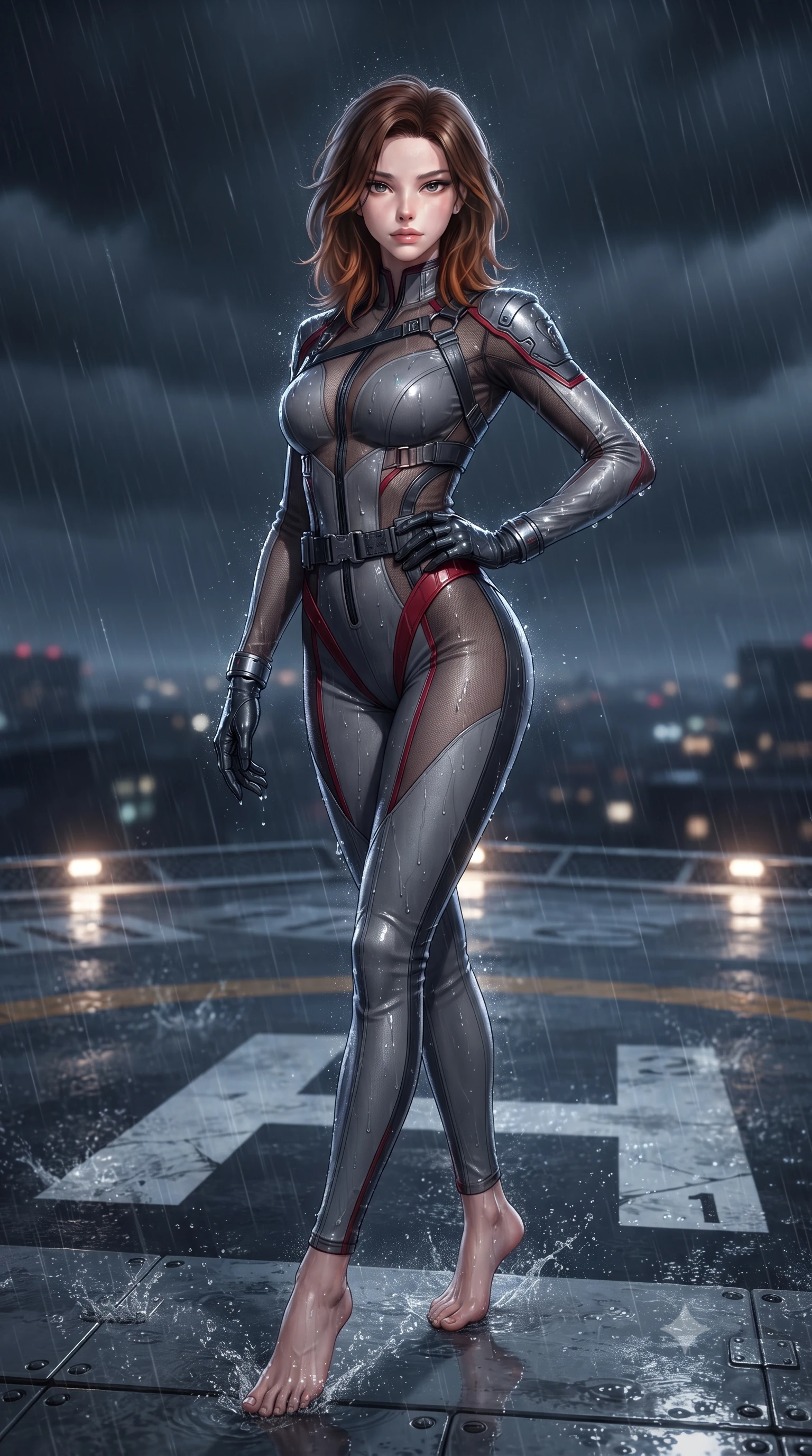 score_9, masterpiece, best quality, ultra-detailed, high-budget anime keyframe, editorial fashion photography, tasteful artistic composition, Korean woman. low angle full-body shot from head to toe showing her feet, filling the entire 9:16 vertical frame with her statuesque presence, stretching her vertical silhouette. standing poised with one hip cocked in an alluring high-fashion pose, her tall 8.5-heads proportions dominating the scene while pivoting dynamically as gale-force storm winds whip rain across the helipad markings, parrying an alarm sensor with poise. The surrounding environment is rendered in vivid detail and crisp panoramic clarity. sharp helipad marking paint textures, distinct water droplet splashes, and wet leather coat sheen in deep focus. She has an absolutely perfect, statuesque 8.5-heads proportion, an exceptionally tall and slender model-like female figure with impossibly long slender legs, a toned flat midriff, and an ultra-slim waist. sharp v-shaped jawline, high-bridge nose, intricate jewel-like eyes with depth, thick eyelashes, glossy lips with a natural sheen, captivating and magnetic expression, flawlessly proportioned anatomical accuracy, strict slender model proportions, natural body alignment, perfectly sculpted long slender limbs, ultra-slim waistline, clean dynamic posture without body distortion. wearing a sharp asymmetrical spy bodysuit with sheer contouring mesh panels, reinforced strike shoulders, and utility waist harness in storm grey and dark scarlet trim, made of high-mobility liquid jersey and semi-opaque reinforced mesh, accented with concealed lockpick wristbands and polished dark chrome hardware edition #15, the glove-like aerodynamic second-skin fit tightly clinging to her ultra-slender waist and athletic curves without adding bulk, accentuating her razor-sharp statuesque lines and slim hourglass silhouette. surrounded by an indomitable, dangerous, and breathtakingly cinematic lone infiltration specialist aura. ultra-reflective glossy finish, specular highlights, rich textural contrasts, high-contrast stereoscopic depth, volumetric dynamic lighting, 2k, ultra detail, master piece, 9:16 ratio