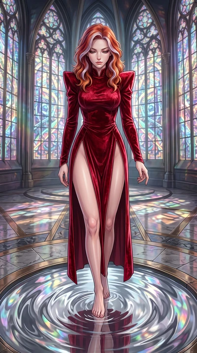 score_9, masterpiece, best quality, ultra-detailed, High-budget Anime Keyframe, Caucasian woman, strictly human ears. Low angle cowboy shot filling the entire 9:16 frame with her statuesque presence. Scenario 425: gazing at her reflection in a pool o