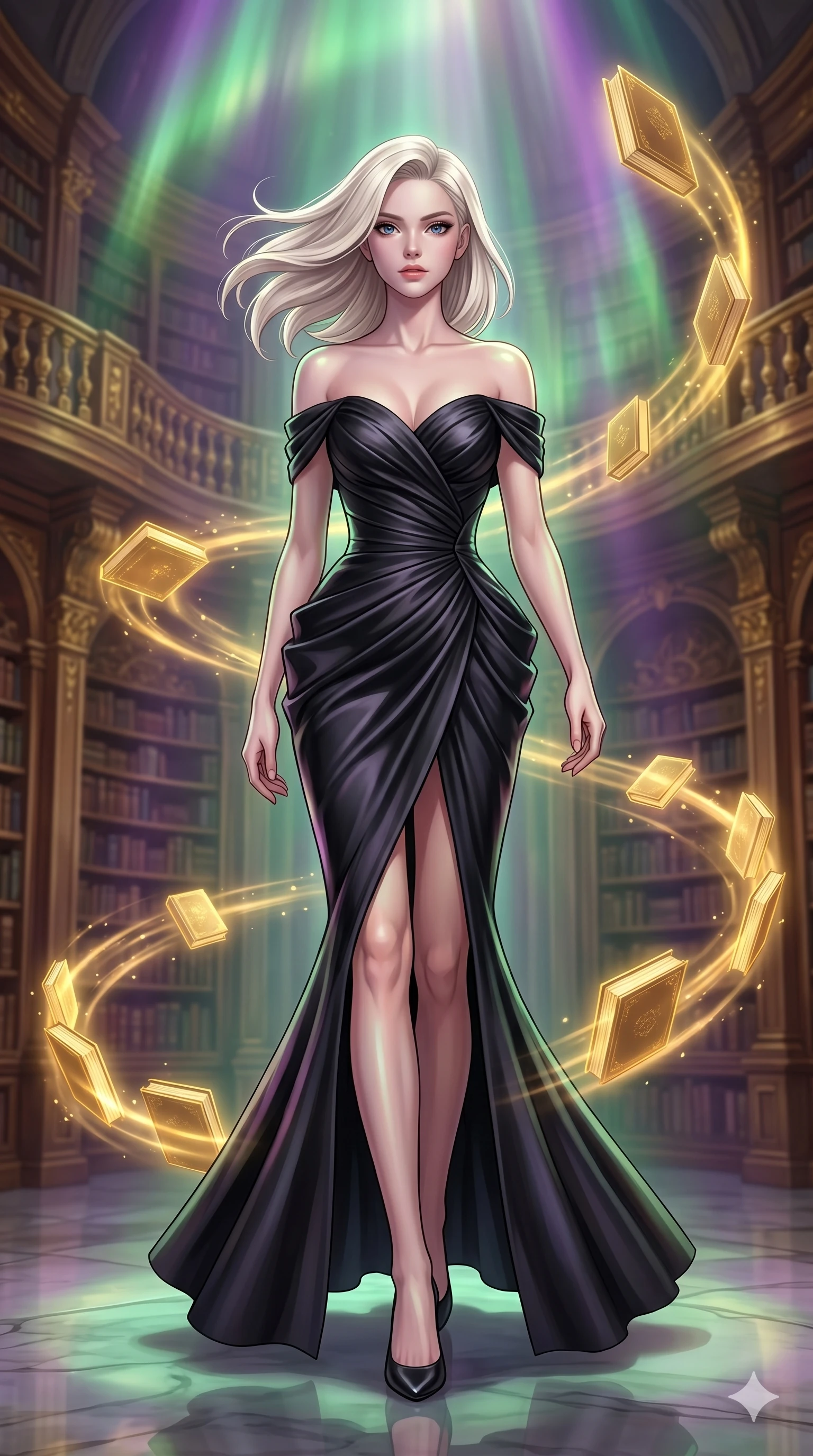 score_9, masterpiece, best quality, ultra-detailed, high-budget anime keyframe, editorial fashion photography, tasteful artistic composition, Caucasian woman, strictly human ears. low angle full-body shot from head to toe showing her feet, filling the entire 9:16 vertical frame with her statuesque presence, stretching her vertical silhouette. Walking in slow-motion with dramatic hair movement behind her amidst a baroque library where glowing golden books orbit in slow spiral patterns. She has an absolutely perfect 8-heads proportion, an exceptionally tall and slender female figure with impossibly long slender legs and an ultra-slim waist. V-shaped jawline, high-bridge nose, intricate jewel-like eyes with depth, thick eyelashes, glossy lips with a natural sheen. wearing an off-shoulder fitted mermaid gown in black pearl satin with sculptural ruched bodice, dramatic hip emphasis, and a fluted fishtail hem with a daring high front slit. illuminated by a shifting aurora palette of green, violet, and gold from above, wrapping her in color. 2k, ultra detail, master piece, 9:16 ratio