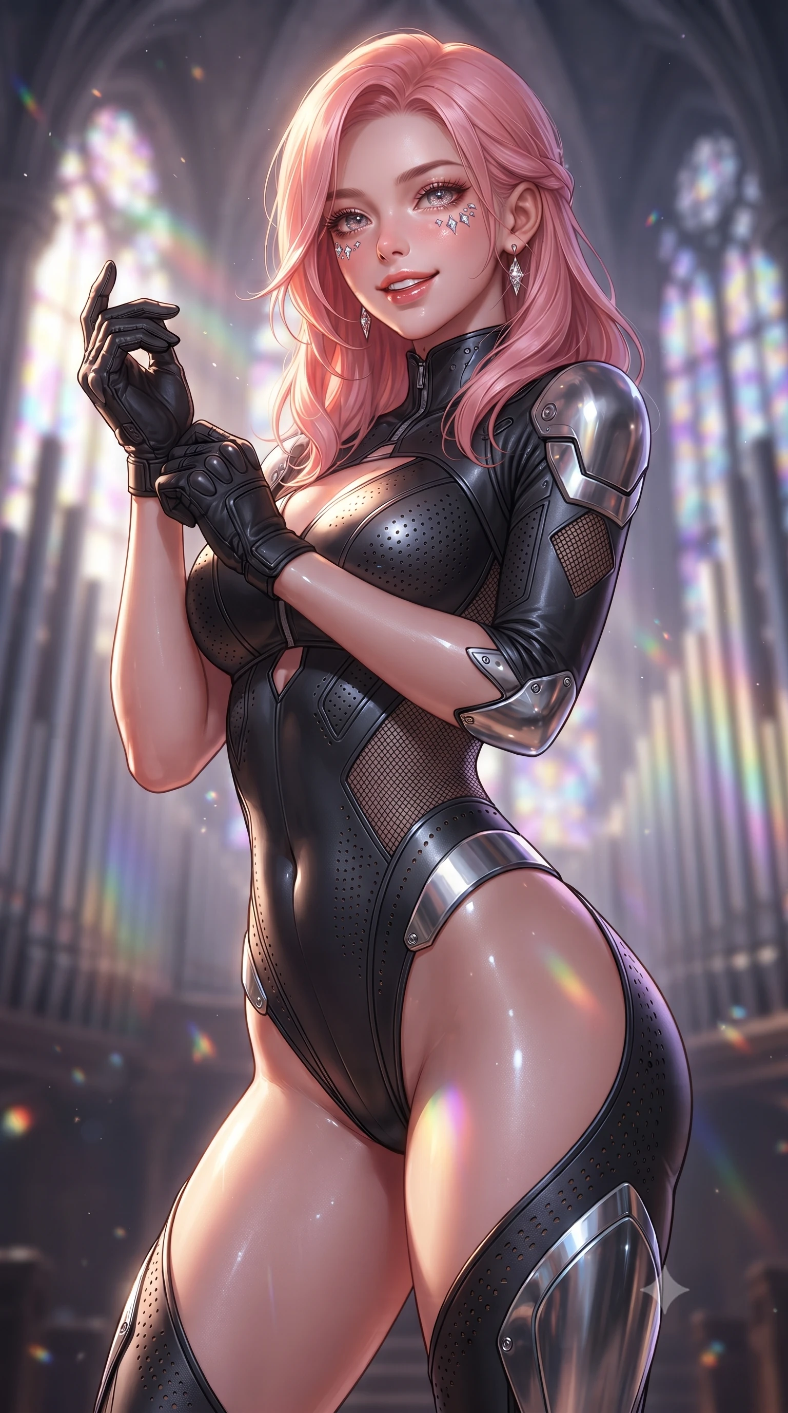 score_9, masterpiece, best quality, ultra-detailed, high-budget anime keyframe, editorial fashion photography, tasteful artistic composition, Japanese woman. close-up cowboy shot from the waist and thighs up, the character dominates the composition, filling the frame with her large presence. adjusting her tactical glove with cool confidence, her bright smile capturing fresh girlhood charm while her arched torso reveals an intoxicating hip contour while twisting her slender torso in an alluring contrapposto stance, vertical laser organ pipes casting stained-glass light across her hips and waist. The background shows a soft-focus soaring gothic cyber-arches and massive laser pipe organs playing visible light frequencies blurred into stained-glass rainbow, violet, and gold bokeh. She has an exceptionally elegant, slender, and willowy female figure with an ultra-slim waist, flat toned midriff, narrow ribcage, and sculpted feminine hips creating an alluring, slim hourglass silhouette without bulk. sharp v-shaped jawline, high-bridge nose, intricate jewel-like sparkling eyes with depth, thick eyelashes, glossy parted lips with a natural sheen, bright confident smile with an enchanting and coquettish sensual glint, exuding both youthful magnetic charm and sovereign high-tech allure, flawlessly proportioned anatomical accuracy, strict slender model proportions, natural body alignment, perfectly sculpted long slender limbs, ultra-slim waistline, clean dynamic posture without body distortion. wearing a futuristic cut-out nano-suit with diamond-shaped side-torso mesh insets tracing her slim hourglass curves in liquid chrome silver and pitch black, made of high-grade ballistic nylon with precision laser-cut perforations, accented with strategically placed chrome armor plate guards covering key curves, the form-contouring cut accentuating her sculpted flat midriff, narrow delicate ribcage, and gracefully curvy hips with cybernetic supermodel precision. bathed in majestic stained-glass laser light cascading through towering digital rose windows. ultra-reflective glossy finish, specular highlights, rich textural contrasts, high-contrast stereoscopic depth, volumetric dynamic lighting, 2k, ultra detail, master piece, 9:16 ratio