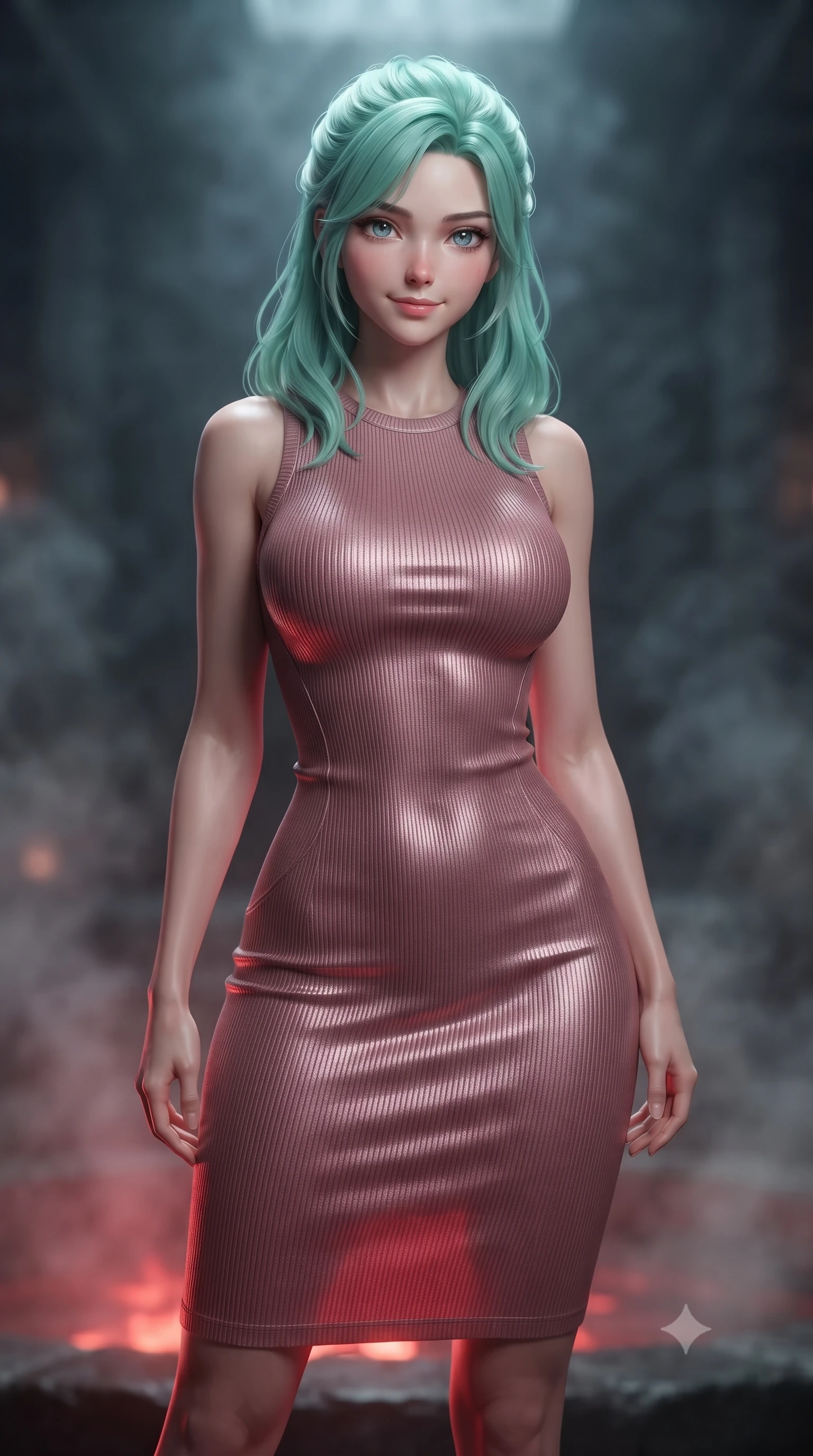 score_9, masterpiece, best quality, ultra-detailed, high-budget anime keyframe, editorial fashion photography, tasteful artistic composition, Japanese woman woman. close-up cowboy shot from the waist and thighs up, the character dominates the composition, filling the frame with her large presence, background elements kept in soft focus. She has an exceptionally elegant, slender, and willowy female figure with an ultra-slim waist, a gracefully sculpted slender torso, and a refined silhouette. smiling with quiet, magnetic self-assurance directly into the camera lens, flawlessly proportioned anatomical accuracy, natural body alignment, perfectly sculpted elegant limbs, clean dynamic posture without body distortion. set against a soft-focus background of a dark basalt thermal bath chamber with rising mineral steam. wearing a sculpted dusty rose ribbed knit bodycon dress with form-contouring side seams. bathed in warm crimson furnace glow from below contrasting with cool top ambient light. ultra-reflective glossy finish, specular highlights, metallic sheen, high-contrast stereoscopic depth, volumetric dynamic lighting, 2k, ultra detail, master piece, 9:16 ratio