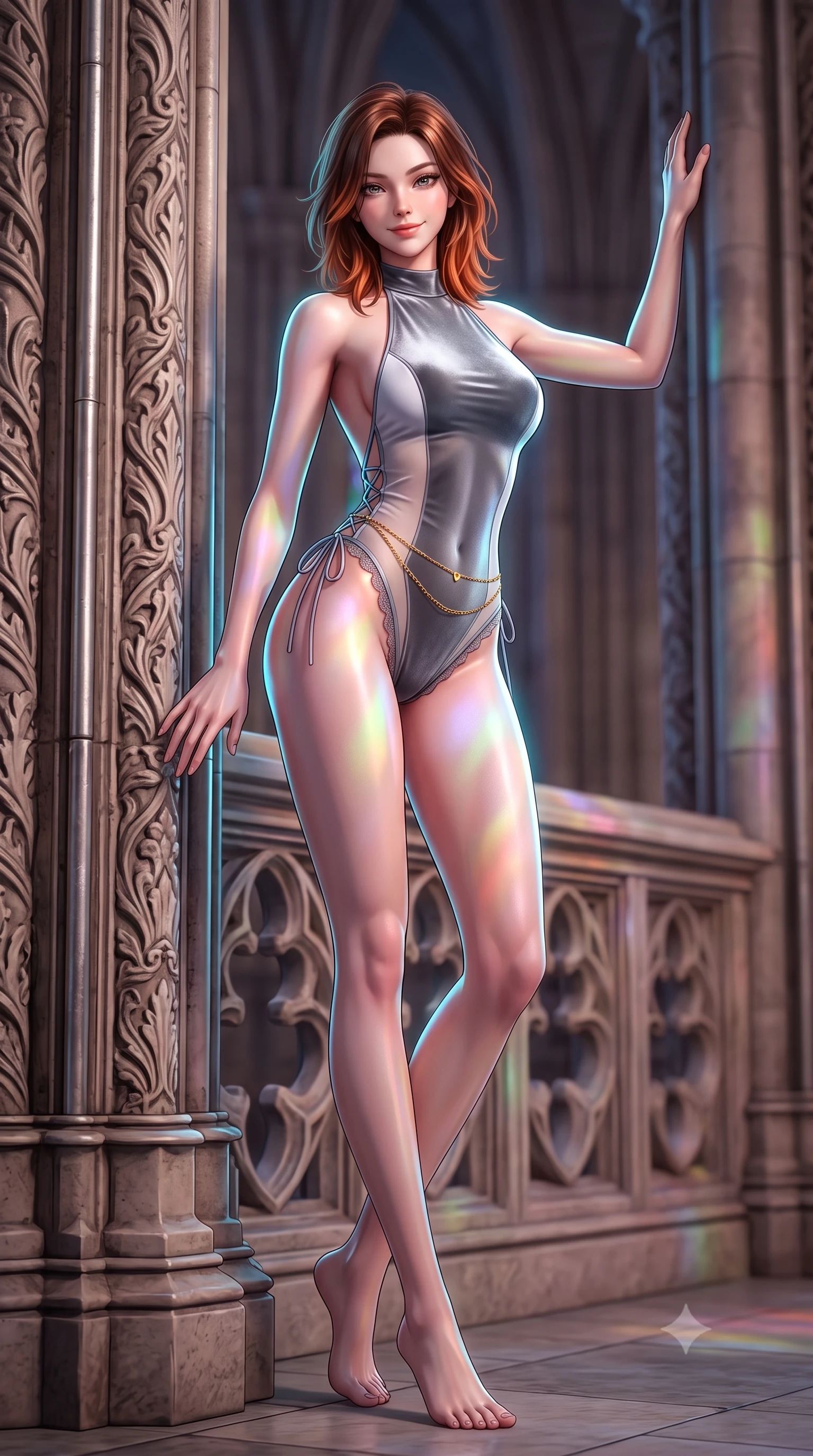 score_9, masterpiece, best quality, ultra-detailed, high-budget anime keyframe, semi-realistic 3D game render, editorial fashion photography, tasteful artistic composition, Korean woman. low angle full-body shot from head to toe showing her feet, filling the entire 9:16 vertical frame with her statuesque presence, stretching her vertical silhouette. standing tall beside the architectural column, one hand resting high while arching her lower back to emphasize her sculpted feminine hips and slender waist while twisting her slender torso in an alluring contrapposto stance, multicolored moonlight from the giant rose window tracing her hourglass curves. The background shows a soft-focus carved gallery balustrades softened in sacred gothic cathedral shallow focus. She has an absolutely perfect, statuesque 8.5-heads proportion, an exceptionally tall and slender model-like female figure with impossibly long slender legs, an ultra-slim waist, a flat toned midriff, narrow delicate ribcage, and beautifully sculpted feminine hips creating a graceful, slim hourglass silhouette without any bulky heaviness. sharp v-shaped jawline, high-bridge nose, sparkling eyes with hypnotic seductive depth, thick curled eyelashes, glossy parted lips with a natural dewy peach sheen, alluring bedroom-eyes with an enchanting coquettish smile, exuding magnetic siren charisma and sophisticated glamour, flawlessly proportioned anatomical accuracy, strict slender model proportions, natural body alignment, perfectly sculpted long slender limbs, ultra-slim waistline, clean dynamic posture without body distortion. wearing a slinky backless halterneck velvet leotard with scalloped eyelash lace hems and sheer lace-up side ties in architectural titanium grey and pure milk white, made of semi-opaque stretch illusion mesh with soft shadowy contours, accented with a dainty gold belly chain resting across her flat midriff and curving hips, the precision-cut side openings and low-back scoop framing her graceful spine and the sensual sweep of her slim, toned hips. illuminated by tin pipe specular reflections and sharp electric-cyan rim lights sculpting her jawline, narrow waist, and curvy hips. highly saturated vibrant anime colors, detailed shading with soft gradients, rich glossy textures, high-contrast stereoscopic depth, volumetric dynamic lighting, master piece, 9:16 ratio