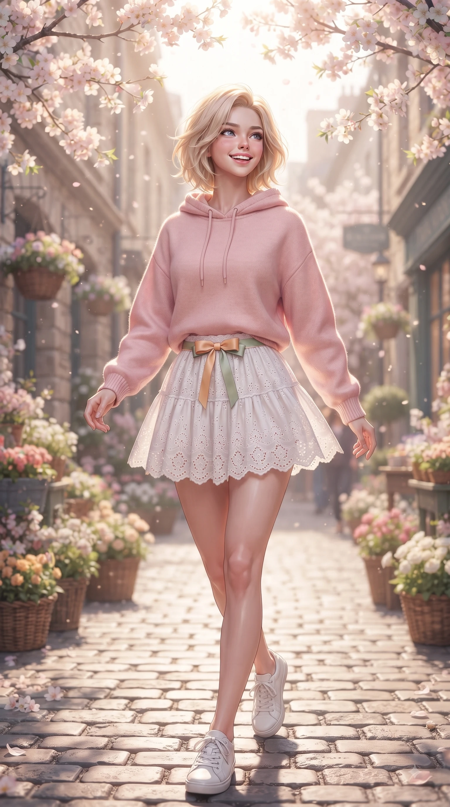 score_9, masterpiece, best quality, ultra-detailed, high-budget anime keyframe, editorial fashion photography, tasteful artistic composition, Caucasian woman. close-up cowboy shot from the waist and thighs up, the character dominates the composition, filling the frame with her large presence. Tilting her chin up with a sweet beaming smile of pure delight while balancing dynamically amidst the scene while walking dynamically down a cobblestone European-style street lined with blooming spring flower shops. The composition keeps background elements in soft focus with dreamy bokeh. charming European cobblestone facades and hanging flower baskets softened by shallow depth of field. She has an exceptionally elegant, slender, and willowy female figure with an ultra-slim waist, a gracefully sculpted slender torso, and a refined silhouette. sharp v-shaped jawline, high-bridge nose, intricate jewel-like eyes with depth, thick eyelashes, glossy lips with a natural sheen, flawlessly proportioned anatomical accuracy, natural body alignment, perfectly sculpted elegant limbs, clean dynamic posture without body distortion. wearing a cozy pastel-pink hoodie sweater paired with a white tennis skirt in warm apricot and sage green, woven with delicate eyelet lace and soft cotton, accented with a dainty waist ribbon bow, the chic real-way fashion cut emphasizing her effortless charm. illuminated by gentle sunbeams streaming through blooming flower branches. ultra-reflective glossy finish, specular highlights, metallic sheen, high-contrast stereoscopic depth, volumetric dynamic lighting, 2k, ultra detail, master piece, 9:16 ratio