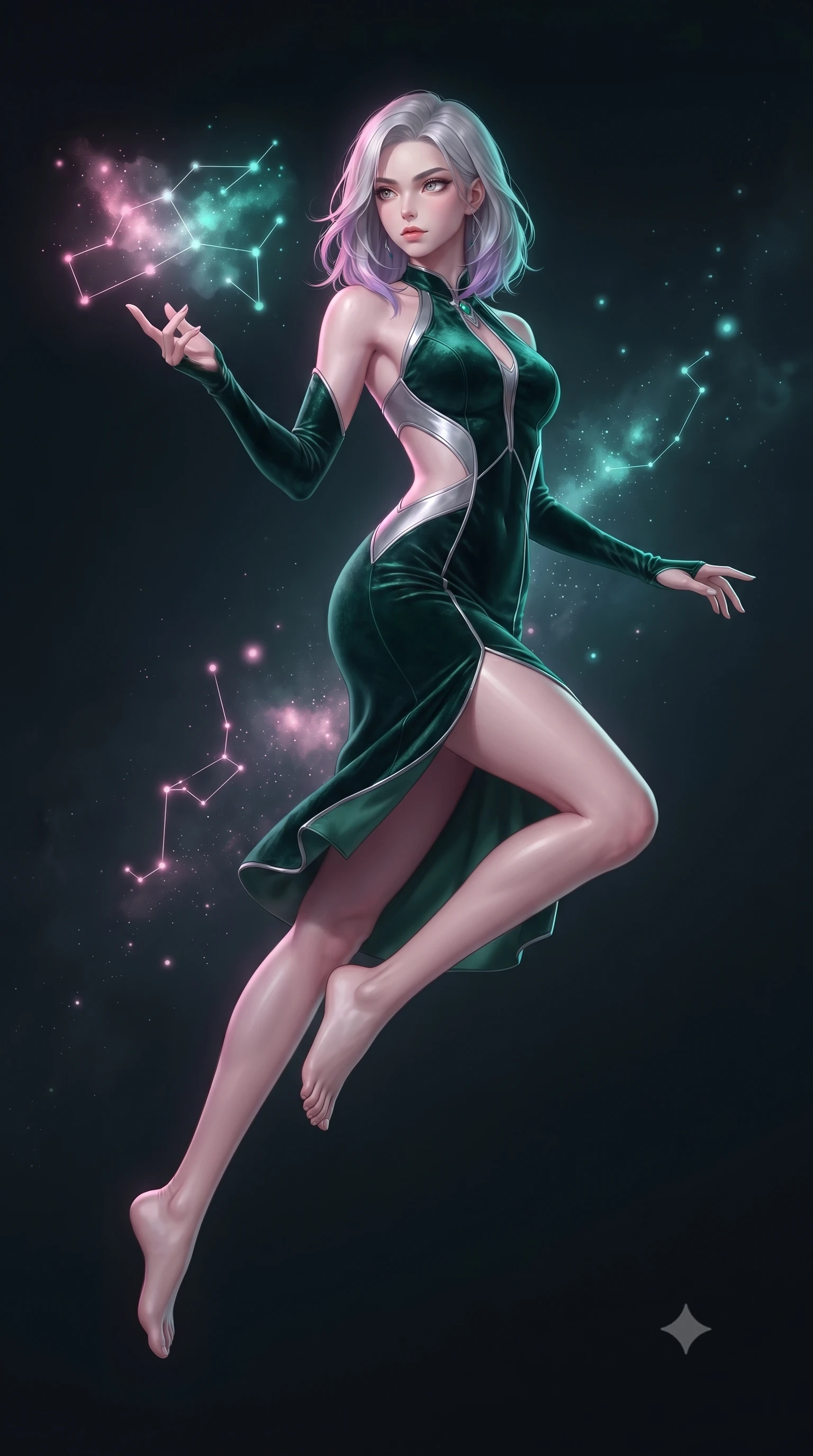 score_9, masterpiece, best quality, ultra-detailed, high-budget anime keyframe, editorial fashion photography, tasteful artistic composition, Caucasian woman. low angle full-body shot from head to toe showing her feet, filling the entire 9:16 vertical frame with her statuesque presence, stretching her vertical silhouette. leaping gracefully through mid-air with statuesque elegance, her impossibly long slender legs stretched in perfect balance while reaching forward to adjust a translucent nebula constellation chart floating in mid-air, pastel pink and turquoise gradients creating a nostalgic 80s aesthetic. She has an absolutely perfect, statuesque 8.5-heads proportion, an exceptionally tall and slender model-like female figure with impossibly long slender legs and an ultra-slim waist. sharp v-shaped jawline, high-bridge nose, intricate jewel-like eyes with depth, thick eyelashes, glossy lips with a natural sheen, flawlessly proportioned anatomical accuracy, natural body alignment, perfectly sculpted elegant limbs, clean dynamic posture without body distortion. wearing a velvet halter-neck midi dress following her form like a glove in deep emerald green and silver accent, made of fine carbon-fiber weave and soft matte leather, featuring clean architectural cutouts along her slender torso, the glove-like fit emphasizing her statuesque silhouette during motion. bathed in soft pastel pink and turquoise neon glow with glossy chrome reflections. ultra-reflective glossy finish, specular highlights, metallic sheen, high-contrast stereoscopic depth, volumetric dynamic lighting, 2k, ultra detail, master piece, 9:16 ratio