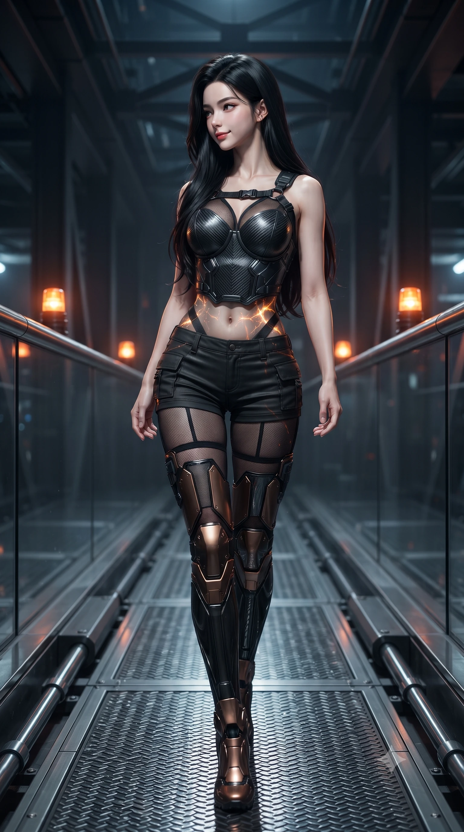 score_9, masterpiece, best quality, ultra-detailed, high-budget anime keyframe, editorial fashion photography, tasteful artistic composition, Korean woman. low angle full-body shot from head to toe showing her feet, filling the entire 9:16 vertical frame with her statuesque presence, stretching her vertical silhouette. walking slowly along the transparent glass skybridge, looking back over her shoulder with an air of effortless grace and an alluring, smoldering smile while twisting her slender torso in an alluring S-curve on the catwalk, solar plasma radiation casting dynamic chiaroscuro shadows across her narrow waist and curvy hips. The surrounding environment is rendered in vivid detail and crisp panoramic clarity: sharp diamond-tread steel catwalk grating, heavy hydraulic piston textures, and glowing warning beacon clarity in deep focus. She has an absolutely perfect, statuesque 8.5-heads proportion, an exceptionally tall and slender model-like female figure with impossibly long slender legs, an ultra-slim waist, a flat toned midriff, narrow delicate ribcage, and beautifully sculpted feminine hips creating a graceful, slim hourglass silhouette without any bulky heaviness. sharp v-shaped jawline, high-bridge nose, intricate jewel-like sparkling eyes with depth, thick eyelashes, glossy parted lips with a natural sheen, bright confident smile with an enchanting and coquettish sensual glint, exuding both youthful magnetic charm and sovereign high-tech allure, flawlessly proportioned anatomical accuracy, strict slender model proportions, natural body alignment, perfectly sculpted long slender limbs, ultra-slim waistline, clean dynamic posture without body distortion. wearing a sculpted carbon-fiber bustier armor top paired with ultra-tight tactical cargo shorts and thigh-high armored boots in burnished bronze alloy and smoked glass black, crafted from sheer technical cyber-lace reinforced with ultra-thin Kevlar threads, finished with criss-cross Kevlar tactical straps tracing her graceful shoulder blades, the form-fitting tactical tailoring adhering flawlessly to her sculpted flat midriff and slender torso, emphasizing her long leg lines and perfectly proportioned willowy build. bathed in shifting orange and white plasma flares casting high-contrast chiaroscuro shadows. ultra-reflective glossy finish, specular highlights, rich textural contrasts, high-contrast stereoscopic depth, volumetric dynamic lighting, 2k, ultra detail, master piece, 9:16 ratio