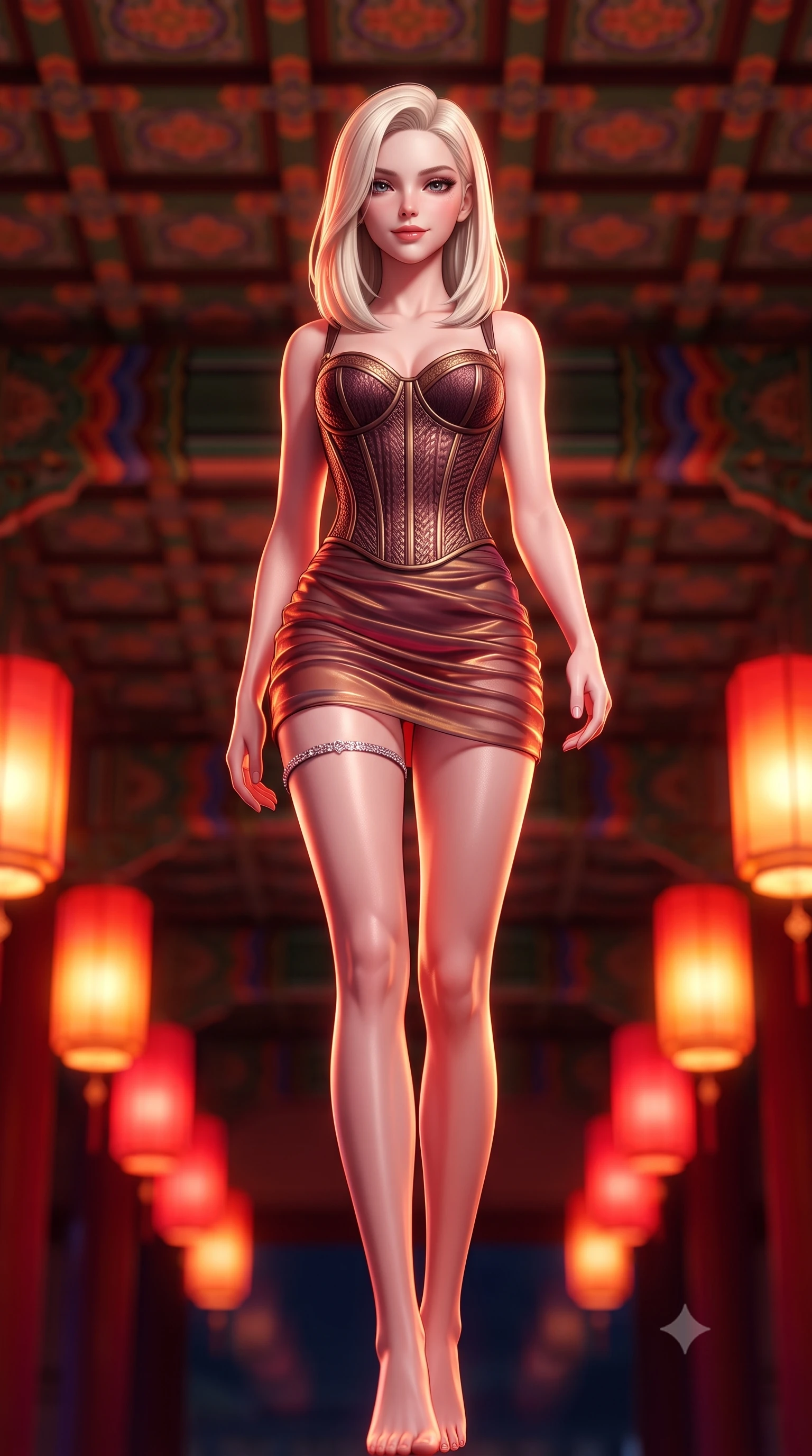 score_9, masterpiece, best quality, ultra-detailed, high-budget anime keyframe, semi-realistic 3D game render, editorial fashion photography, tasteful artistic composition, Caucasian woman. low angle full-body shot from head to toe showing her feet, filling the entire 9:16 vertical frame with her statuesque presence, stretching her vertical silhouette. stepping slowly toward the camera with hypnotic grace, hips swaying in an alluring sensual rhythm that accentuates her curvy hourglass silhouette and long slender legs while twisting her slender torso in an alluring contrapposto stance, palace festival lanterns casting vibrant crimson glow across her curves. The background shows a soft-focus ornate dancheong ceiling patterns softened in grand palace night shallow focus. She has an absolutely perfect, statuesque 8.5-heads proportion, an exceptionally tall and slender model-like female figure with impossibly long slender legs, an ultra-slim waist, a flat toned midriff, narrow delicate ribcage, and beautifully sculpted feminine hips creating a graceful, slim hourglass silhouette without any bulky heaviness. sharp v-shaped jawline, high-bridge nose, sparkling eyes with hypnotic seductive depth, thick curled eyelashes, glossy parted lips with a natural dewy peach sheen, alluring bedroom-eyes with an enchanting coquettish smile, exuding magnetic siren charisma and sophisticated glamour, flawlessly proportioned anatomical accuracy, strict slender model proportions, natural body alignment, perfectly sculpted long slender limbs, ultra-slim waistline, clean dynamic posture without body distortion. wearing a structured boned leatherette corset top paired with an ultra-short ruched neon mini skirt in smoky bordeaux wine and gilded bronze, made of delicate semi-sheer Korean gossamer organza with subtle pearlescent glints, accented with a delicate crystal-encrusted thigh garter strap glinting under the lights, the liquid-tight tailored fabric clinging flawlessly to her narrow waist and rounded feminine hips, emphasizing every millimeter of her sculpted slim hourglass curves without any bulky heaviness. bathed in the warm crimson-and-amber glow of ceremonial palace lanterns. highly saturated vibrant anime colors, detailed shading with soft gradients, rich glossy textures, high-contrast stereoscopic depth, volumetric dynamic lighting, master piece, 9:16 ratio
