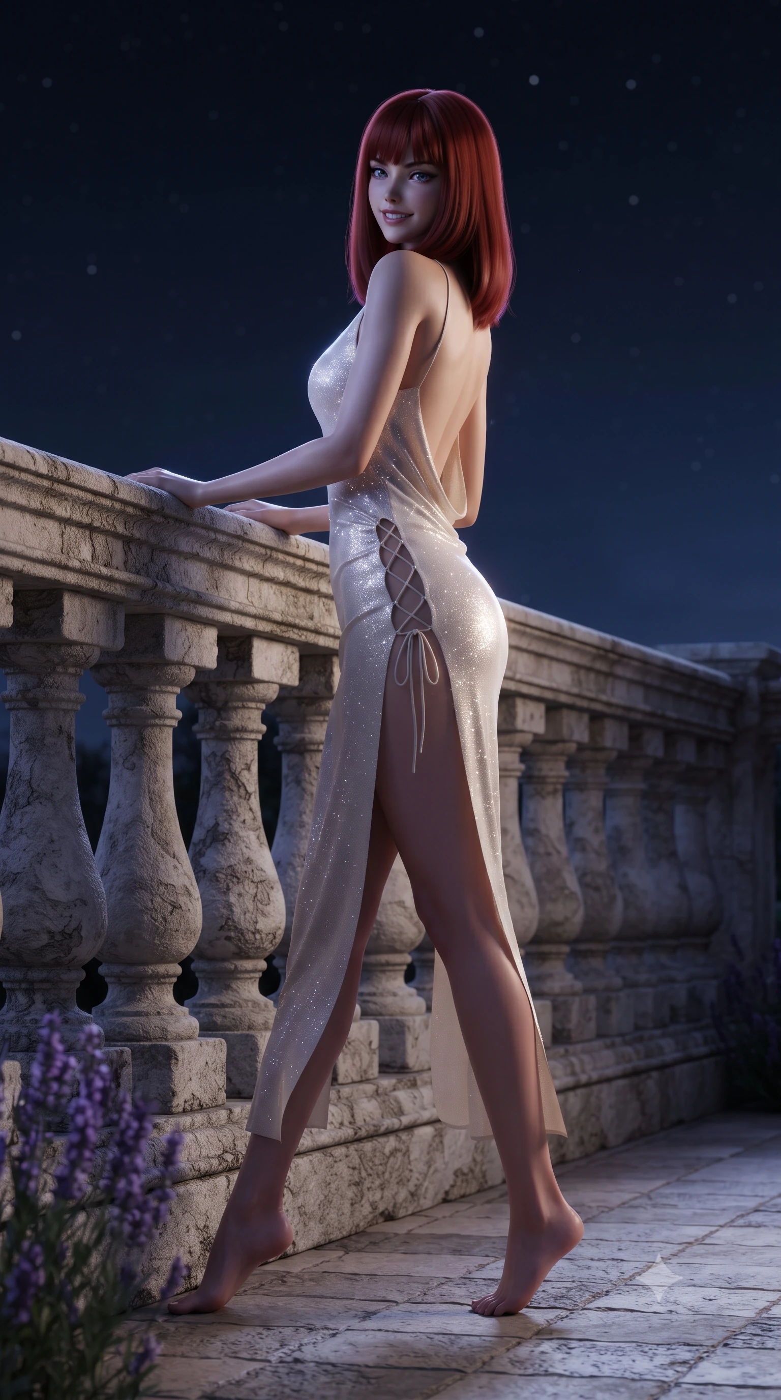 score_9, masterpiece, best quality, ultra-detailed, high-budget anime keyframe, editorial fashion photography, tasteful artistic composition, Caucasian woman. low angle full-body shot from head to toe showing her feet, filling the entire 9:16 vertical frame with her statuesque presence, stretching her vertical silhouette. walking along the terrace with poise, looking back over her bare shoulder with an irresistible smoldering bedroom-gaze while leaning against the carved stone balustrade with hips cocked back, looking out over the fragrant nocturnal plateau with heavy-lidded bedroom-eyes. The surrounding environment is rendered in vivid detail and crisp panoramic clarity: sharp weathered limestone masonry relief, hand-carved stone baluster curves, and individual lavender blossom spikes in deep focus. She has an exceptionally tall and slender model-like 8.5-heads proportion, an ultra-slim waist, a flat toned midriff, narrow delicate ribcage, and beautifully sculpted feminine hips creating a graceful, slim hourglass silhouette without any bulky heaviness, with impossibly long slender legs. sharp v-shaped jawline, high-bridge nose, intricate jewel-like sparkling eyes with depth, thick eyelashes, glossy parted lips with a natural peach sheen, bright cheerful beaming smile with an enchanting and coquettish sensual glint, exuding both youthful cute charm and seductive allure, flawlessly proportioned anatomical accuracy, strict slender model proportions, natural body alignment, perfectly sculpted long slender limbs, ultra-slim waistline, clean dynamic posture without body distortion. wearing a form-contouring gossamer silk chiffon slip dress with a hip-high slit and open cowl back clinging with dewy moisture in Belvedere ivory pearl and Habsburg bordeaux wine, woven from stretch metallic lurex jersey casting radiant starlight glints across her curves, featuring fine criss-cross lace-up side ties revealing tantalizing glimpses of her hip curve, the glove-like clinging cut tightly following the natural contour of her hips and long slender legs with youthful 8.5-heads elegance. illuminated by terrace stone bounce and sharp silver-lavender rim lights sculpting her razor-sharp jawline, narrow waist, and curvy hips. ultra-reflective glossy finish, specular highlights, rich textural contrasts, high-contrast stereoscopic depth, volumetric dynamic lighting, 2k, ultra detail, master piece, 9:16 ratio