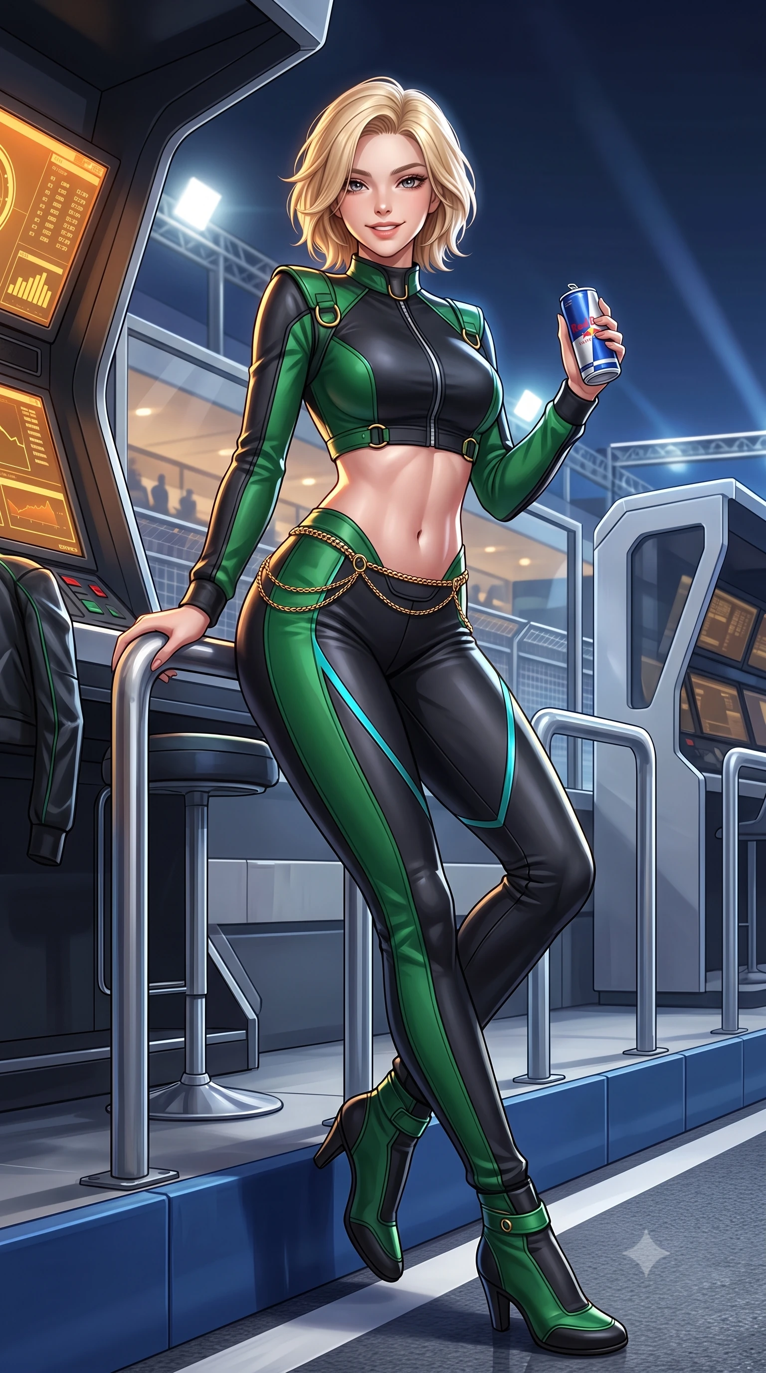 score_9, masterpiece, best quality, ultra-detailed, high-budget anime keyframe, semi-realistic 3D game render, editorial fashion photography, tasteful artistic composition, Caucasian woman. low angle full-body shot from head to toe showing her feet, filling the entire 9:16 vertical frame with her statuesque presence, stretching her vertical silhouette. leaning deep against the pit lane barrier with hips cocked back in an unapologetically alluring high-fashion stance, flashing a warm beaming smile while lounging in the private air-conditioned paddock suite with legs crossed, holding a chilled energy drink while flashing a dangerous, playful half-smile. The surrounding environment is rendered in vivid detail and crisp panoramic clarity: detailed racing leather sheen, floodlight specular highlights on skin, and Marina Bay night-circuit architecture in high resolution. She has an absolutely perfect, statuesque 8.5-heads proportion, an exceptionally tall and slender model-like female figure with impossibly long slender legs, an ultra-slim waist, a flat toned midriff, narrow delicate ribcage, and beautifully sculpted feminine hips creating a graceful, slim hourglass silhouette without any bulky heaviness. sharp v-shaped jawline, high-bridge nose, sparkling eyes with athletic focus and depth, thick curled eyelashes, glossy parted lips with a natural coral-peach sheen, bright confident and coquettish smile with alluring bedroom-eyes, exuding both youthful sporty vigor and sovereign high-society glamour, flawlessly proportioned anatomical accuracy, strict slender model proportions, natural body alignment, perfectly sculpted long slender limbs, ultra-slim waistline, clean dynamic posture without body distortion. wearing a high-performance speeder racing suit in matte black and Wimbledon green with gold hardware rings in metallic liquid silver and electric cyan, tailored from crisp cotton poplin with clean aerodynamic structural lines, accented with a delicate gold chain belt resting loosely on her curvy hips, the form-contouring athletic cut accentuating her sculpted flat midriff, narrow delicate ribcage, and gracefully curvy hips with supermodel precision. illuminated by telemetry screen bounce and sharp platinum rim lights carving her razor-sharp jawline, narrow waist, and curvy hips. highly saturated vibrant anime colors, detailed shading with soft gradients, rich glossy textures, high-contrast stereoscopic depth, volumetric dynamic lighting, master piece, 9:16 ratio