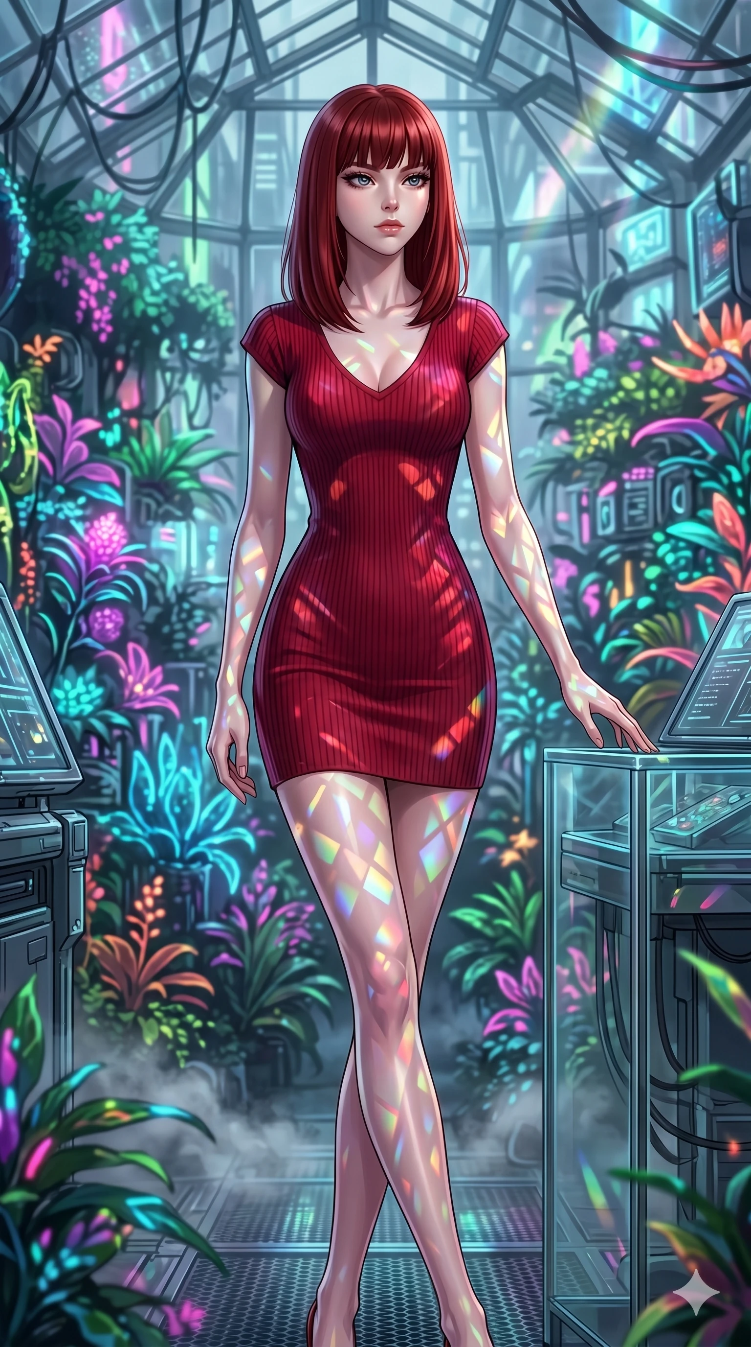 score_9, masterpiece, best quality, ultra-detailed, high-budget anime keyframe, editorial fashion photography, tasteful artistic composition, Caucasian woman, strictly human ears. cowboy shot from the thighs up, character and outfit filling the frame for maximum editorial presence. Gazing past the camera with an air of effortless superiority within a vast cyberpunk greenhouse of neon-lit bioluminescent flora and silver mist. She has an absolutely perfect 8-heads proportion, an exceptionally tall and slender female figure with impossibly long slender legs and an ultra-slim waist. V-shaped jawline, high-bridge nose, intricate jewel-like eyes with depth, thick eyelashes, glossy lips with a natural sheen. wearing a ribbed knit form-contouring mini dress in deep carmine red with a V-neckline, cap sleeves, and a perfectly body-sculpting fit that highlights every elegant curve of her slender silhouette. lit by mirror-reflected prismatic spotlights creating geometric light patterns that play across her body. 2k, ultra detail, master piece, 9:16 ratio