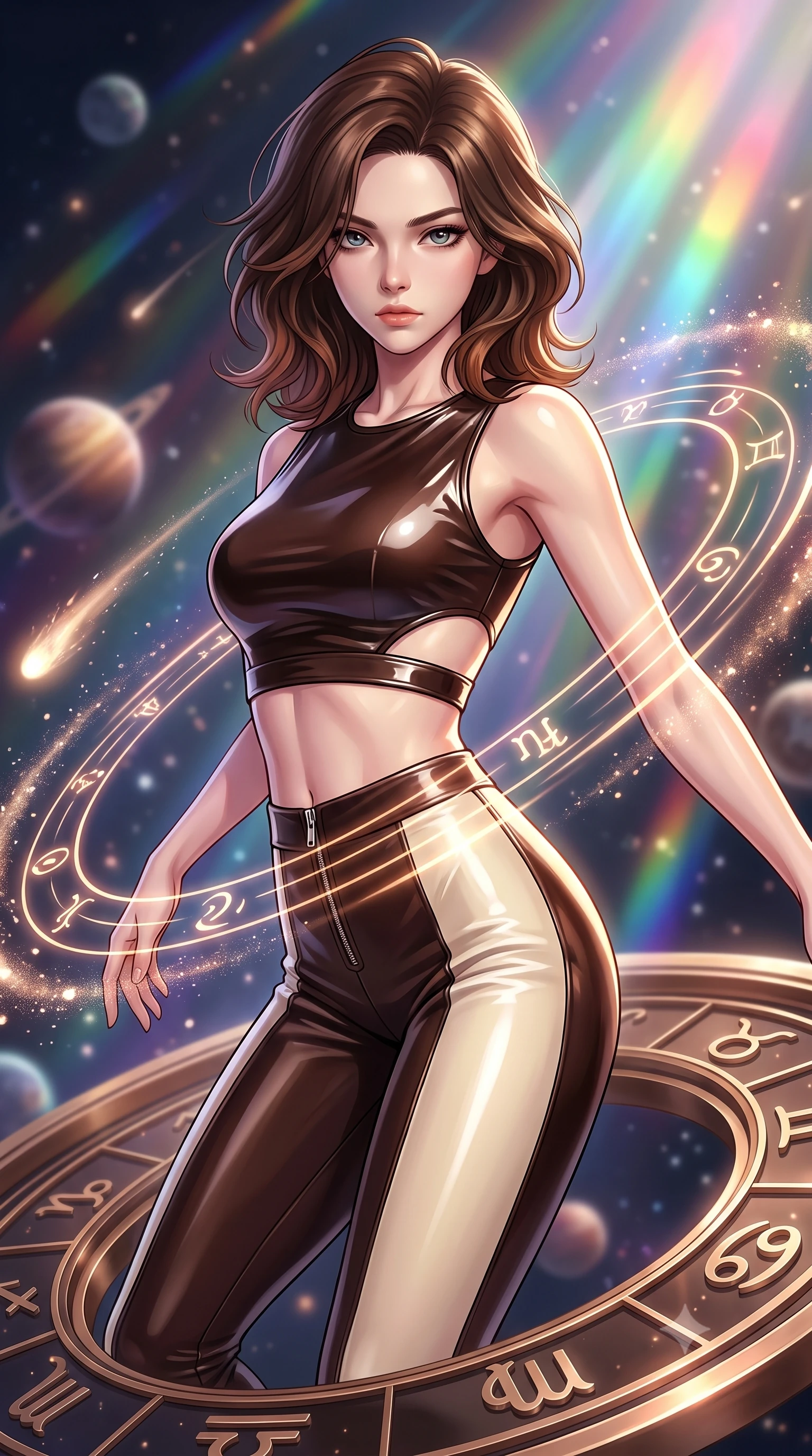 score_9, masterpiece, best quality, ultra-detailed, high-budget anime keyframe, editorial fashion photography, tasteful artistic composition, Korean woman. close-up cowboy shot from the waist and thighs up, the character dominates the composition, filling the frame with her large presence, background elements kept in soft focus. Gazing past the lens with composed intensity as her torso curves dynamically in mid-motion while pivoting dynamically on a revolving bronze zodiac dial surrounded by comet dust streams, glowing orbital glyphs hovering in fluid circular paths around her torso. She has an exceptionally elegant, slender, and willowy female figure with an ultra-slim waist, a gracefully sculpted slender torso, and a refined silhouette. sharp v-shaped jawline, high-bridge nose, intricate jewel-like eyes with depth, thick eyelashes, glossy lips with a natural sheen, flawlessly proportioned anatomical accuracy, natural body alignment, perfectly sculpted elegant limbs, clean dynamic posture without body distortion. wearing a glossy vinyl crop top and high-waist tailored leggings with sleek zippers in espresso brown and warm cream, made of premium stretch velvet with a rich sheen, featuring clean architectural cutouts along her slender torso, the glove-like fit emphasizing her statuesque silhouette during motion. illuminated by cascading rainbow prismatic rays and rich metallic rim highlights. highly saturated vibrant anime colors, detailed shading with soft gradients, rich glossy textures, high-contrast stereoscopic depth, volumetric dynamic lighting, master piece, 9:16 ratio