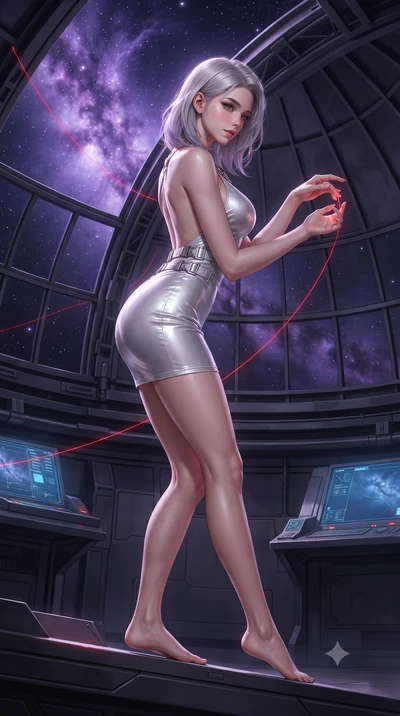 score_9, masterpiece, best quality, ultra-detailed, High-budget Anime Keyframe, editorial fashion photography, tasteful artistic composition, realistic cosplay photography, Caucasian woman, strictly human ears. Dynamic full-body shot stretching the v