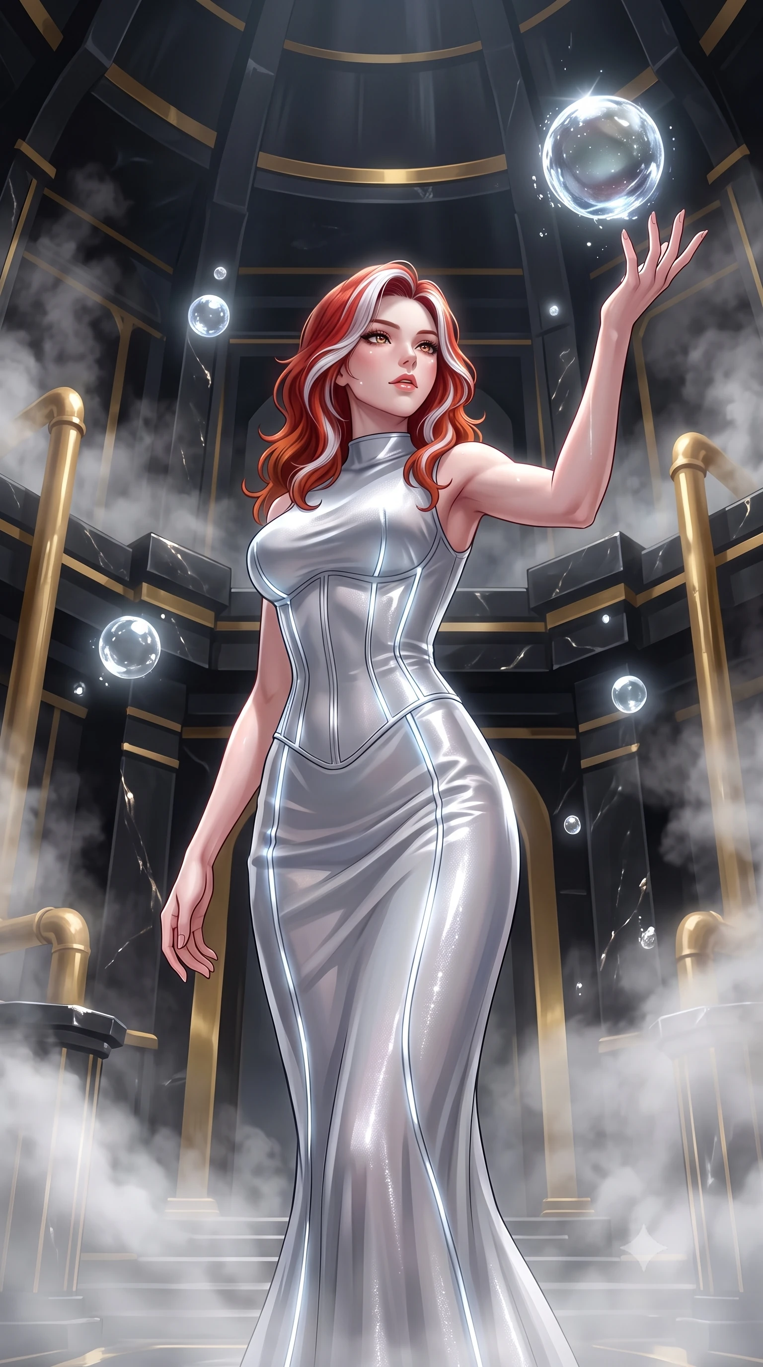 score_9, masterpiece, best quality, ultra-detailed, High-budget Anime Keyframe, Caucasian woman, strictly human ears. Low angle cowboy shot filling the entire 9:16 frame with her statuesque presence. Scenario 473: reaching out to catch a floating sphere of liquid light in a steam-filled bathhouse built of black obsidian stone and gold accents. Her presence is magnetic and overpowering in this high-budget anime scene. Outfit 473: a tailored liquid silver shimmering chiffon corset dress featuring a refined mock-neck collar and glowing LED seams. The clothing is designed to emphasize her exceptionally tall and slender 8-heads proportion. 8-heads proportion, towering silhouette, ultra-slim waist. sharp v-shaped jawline, intricate jewel-like eyes with depth, thick eyelashes, glossy lips. 2k, ultra detail, master piece, 9:16 ratio