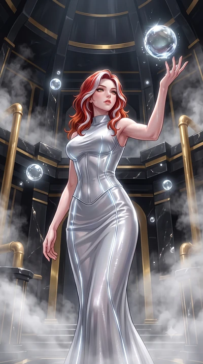 score_9, masterpiece, best quality, ultra-detailed, High-budget Anime Keyframe, Caucasian woman, strictly human ears. Low angle cowboy shot filling the entire 9:16 frame with her statuesque presence. Scenario 473: reaching out to catch a floating sph