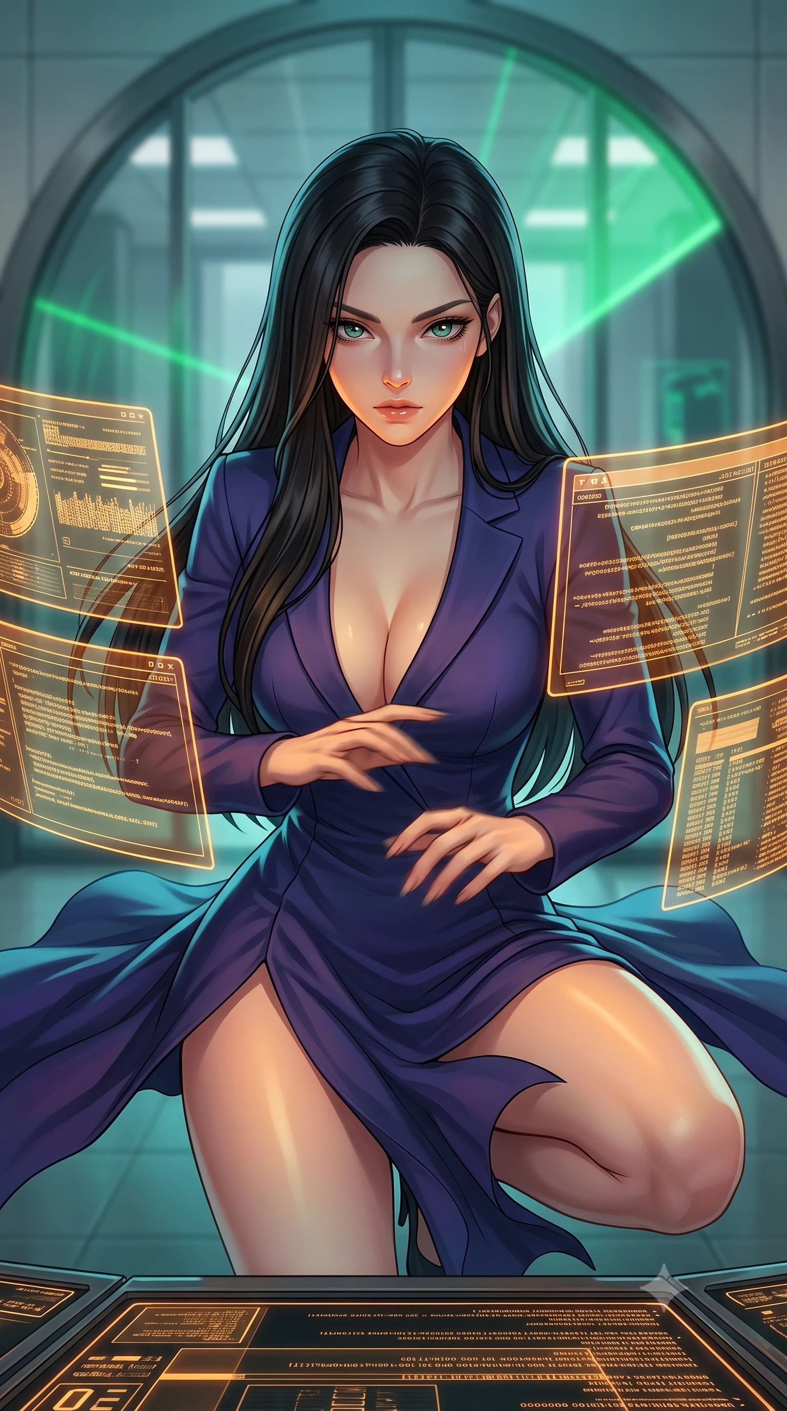 score_9, masterpiece, best quality, ultra-detailed, high-budget anime keyframe, editorial fashion photography, tasteful artistic composition, Korean woman. close-up cowboy shot from the waist and thighs up, the character dominates the composition, filling the frame with her large presence, background elements kept in soft focus. Hacking a security terminal in a low crouch, fingers moving in a blur as amber code screens surround her. set against a soft-focus background of the entrance of a high-security complex, a large glass arch scanning visitors with shifting green laser sweeps. She has an exceptionally elegant and slender, willowy female figure with an ultra-slim waist, a gracefully sculpted slender torso, and a refined slim physique. sharp v-shaped jawline, high-bridge nose, intricate jewel-like eyes with depth, thick eyelashes, glossy lips with a natural sheen. wearing the lightweight fabric rippling and billowing dramatically with her movement, a body-hugging tailored blazer dress in deep indigo, featuring a plunging neckline and a high-cut front hem. highly saturated vibrant anime colors, intense vivid color palette, soft 3D volumetric shading, volumetric dynamic lighting, warm amber rim lighting combined with cool teal fill light creating dramatic contrast. 2k, ultra detail, master piece, 9:16 ratio