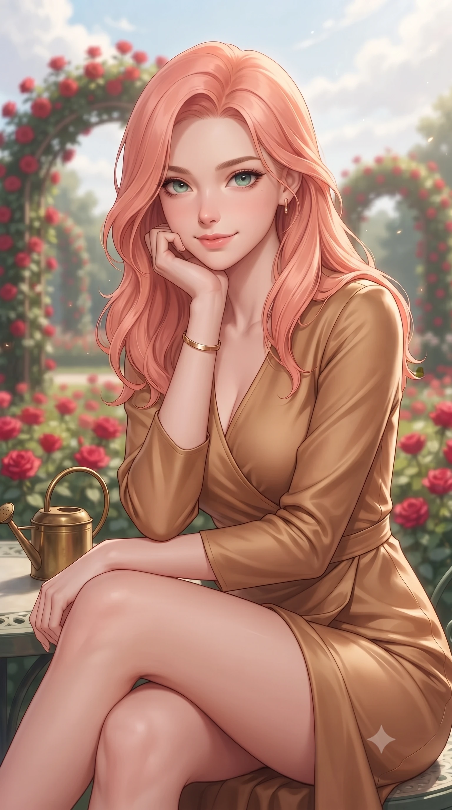 score_9, masterpiece, best quality, ultra-detailed, high-budget anime keyframe, editorial fashion photography, tasteful artistic composition, Japanese woman. close-up cowboy shot from the waist and thighs up, the character dominates the composition, filling the frame with her large presence, background elements kept in soft focus. smiling cutely while resting her chin on her hand, looking directly into the lens set against a soft-focus background of in a beautifully landscaped rose garden with archways of red roses holding a small watering can next to a bed of red roses. She has an exceptionally elegant, slender, and willowy female figure with an ultra-slim waist, a gracefully sculpted slender torso, and a refined silhouette. sharp v-shaped jawline, high-bridge nose, intricate jewel-like eyes with depth, thick eyelashes, glossy lips with a natural sheen. wearing tailored form-contouring silk wrap dress in camel, outlining her slender waist. soft afternoon sunbeams filtering through light clouds, casting gentle shadows. highly saturated vibrant anime colors, detailed shading with soft gradients, rich glossy textures, high-contrast stereoscopic depth, volumetric dynamic lighting, master piece, 9:16 ratio