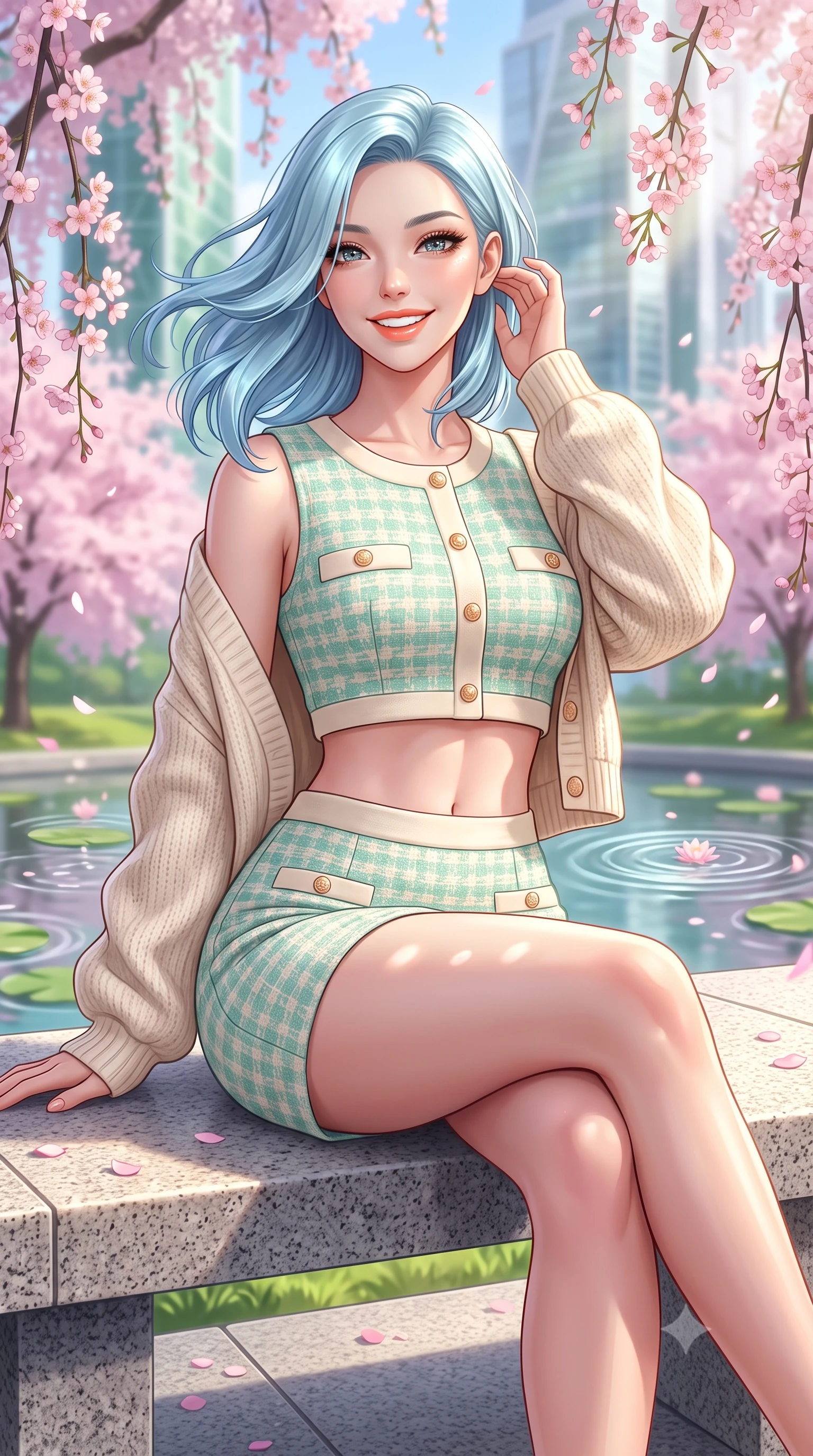 score_9, masterpiece, best quality, ultra-detailed, high-budget anime keyframe, semi-realistic 3D game render, editorial fashion photography, tasteful artistic composition, Korean woman. close-up cowboy shot from the waist and thighs up, the character dominates the composition, filling the frame with her large presence. turning playfully with a bright confident smile, her glossy hair tossing in the breeze as her hips angle gracefully in a captivating contrapposto while sitting on a sunny granite bench beside weeping sakura trees with legs crossed, her flat midriff and feminine hips highlighted by dappled light. The composition keeps background elements in soft focus with dreamy creamy bokeh. weeping cherry blossom branches, circular lotus pond ripples, and futuristic glass tower facades blurred into sakura-pink, emerald, and glass-white bokeh. She has an exceptionally elegant, slender, and willowy female figure with an ultra-slim waist, flat toned midriff, narrow ribcage, and sculpted feminine hips creating an alluring, slim hourglass silhouette without bulk. sharp v-shaped jawline, high-bridge nose, intricate jewel-like sparkling eyes with depth, thick eyelashes, glossy parted lips with a natural peach sheen, bright cheerful beaming smile with an enchanting and coquettish sensual glint, exuding both youthful cute charm and seductive allure, flawlessly proportioned anatomical accuracy, strict slender model proportions, natural body alignment, perfectly sculpted long slender limbs, ultra-slim waistline, clean dynamic posture without body distortion. wearing a cute pastel tweed two-piece set with a cropped jacket and ultra-fitted high-waisted mini skirt tracing her hips in refreshing mint green and soft vanilla cream, crafted from soft cozy cashmere yarn with an airy drape, complemented by an oversized soft knit cardigan slipping off one bare shoulder, the form-fitting cut adhering flawlessly to her sculpted flat midriff and slender torso, emphasizing her long leg lines and perfectly proportioned willowy build. bathed in bright morning spring sunlight scattering through blooming flower canopies. highly saturated vibrant anime colors, detailed shading with soft gradients, rich glossy textures, high-contrast stereoscopic depth, volumetric dynamic lighting, master piece, 9:16 ratio