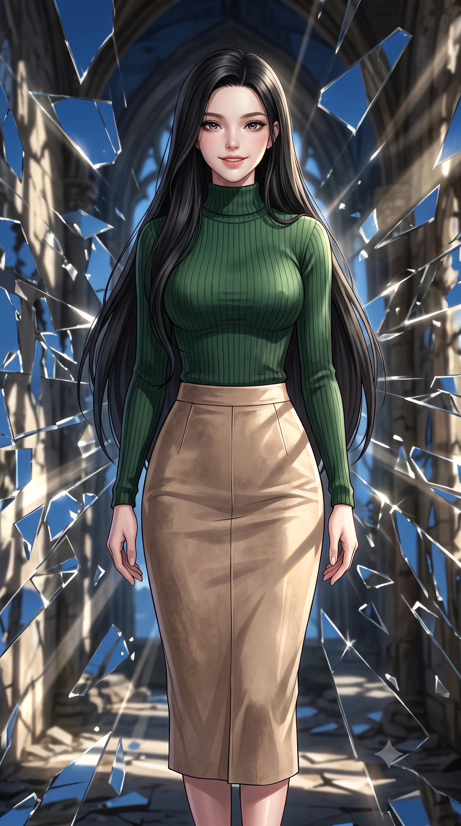 score_9, masterpiece, best quality, ultra-detailed, high-budget anime keyframe, editorial fashion photography, tasteful artistic composition, Korean woman. close-up cowboy shot from the waist and thighs up, the character dominates the composition, filling the frame with her large presence, background elements kept in soft focus. Gazing ahead with a happy, optimistic expression and a gentle smile. set against a soft-focus background of standing inside an ancient Gothic ruin where the walls are made of shattered mirror shards, reflecting fragmented pieces of a deep blue sky. She has an exceptionally elegant, slender, and willowy female figure with a highly-defined ultra-slim waist, a gracefully sculpted slender torso, and a refined slim-fit silhouette that contours her form. sharp v-shaped jawline, high-bridge nose, intricate jewel-like eyes with depth, thick eyelashes, glossy lips with a natural sheen. wearing a body-hugging high-neck forest green ribbed sweater paired with a beige suede midi skirt. bright sun rays bouncing off the broken mirrors, creating sharp, chaotic beams of light and high-contrast shadows. 2k, ultra detail, master piece, 9:16 ratio