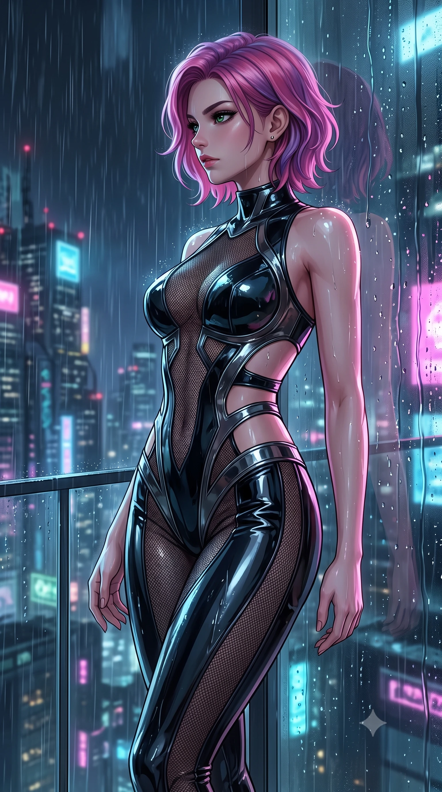 score_9, masterpiece, best quality, ultra-detailed, High-budget Anime Keyframe, Caucasian woman, strictly human ears. Low angle cowboy shot filling the entire 9:16 frame with her statuesque presence. Scenario 309: looking out at the rain through a wet glass window near a minimalist glass balcony overlooking a rainy cyberpunk megacity. Her presence is magnetic and overpowering in this high-budget anime scene. Outfit 309: a form-contouring patent leather mesh with a strategic side cut-outs and tight-fitting silhouette. The clothing is designed to emphasize her exceptionally tall and slender 8-heads proportion. 8-heads proportion, towering silhouette, ultra-slim waist. sharp v-shaped jawline, intricate jewel-like eyes with depth, thick eyelashes, glossy lips. 2k, ultra detail, master piece, 9:16 ratio