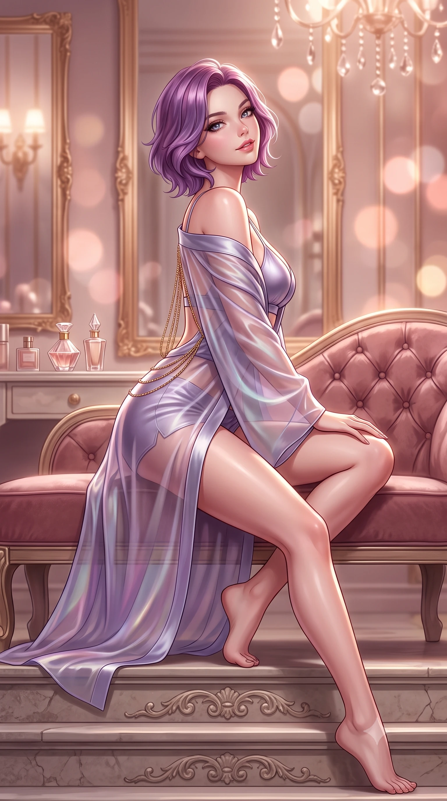 score_9, masterpiece, best quality, ultra-detailed, high-budget anime keyframe, semi-realistic 3D game render, editorial fashion photography, tasteful artistic composition, Caucasian woman. low angle full-body shot from head to toe showing her feet, filling the entire 9:16 vertical frame with her statuesque presence, stretching her vertical silhouette. sitting poised on the stone steps with one knee bent, arching her spine with supermodel elegance as she glances upward through thick eyelashes while leaning back against the tufted dusty-rose velvet chaise with hips cocked back, looking directly into the camera with an irresistible bedroom-gaze. The background shows a soft-focus infinite mirror reflections of gilded rococo frames, perfume crystal bottles on vanity table, and chandelier drops blurred into rose-gold, blush, and champagne bokeh. She has an absolutely perfect, statuesque 8.5-heads proportion, an exceptionally tall and slender model-like female figure with impossibly long slender legs, an ultra-slim waist, a flat toned midriff, narrow delicate ribcage, and beautifully sculpted feminine hips creating a graceful, slim hourglass silhouette without any bulky heaviness. sharp v-shaped jawline, high-bridge nose, sparkling eyes with hypnotic seductive depth, thick curled eyelashes, glossy parted lips with a natural dewy peach sheen, alluring bedroom-eyes with an enchanting coquettish smile, exuding magnetic siren charisma and sophisticated glamour, flawlessly proportioned anatomical accuracy, strict slender model proportions, natural body alignment, perfectly sculpted long slender limbs, ultra-slim waistline, clean dynamic posture without body distortion. wearing a sheer silk organza modern kimono robe worn loose and slipping off bare shoulders over a matching satin bralette and micro-shorts in dusk lavender and iridescent silver, woven from buttery-soft stretch lambskin leather adhering to her body like a second skin, accented with an open-back drape framed by falling strands of delicate gold chains, the glove-like clinging cut tightly following the natural contour of her hips and long slender legs with youthful 8.5-heads elegance. bathed in intimate warm 2700K vanity sconce lighting combined with overhead chandelier sparkle creating multi-angle highlights. highly saturated vibrant anime colors, detailed shading with soft gradients, rich glossy textures, high-contrast stereoscopic depth, volumetric dynamic lighting, master piece, 9:16 ratio