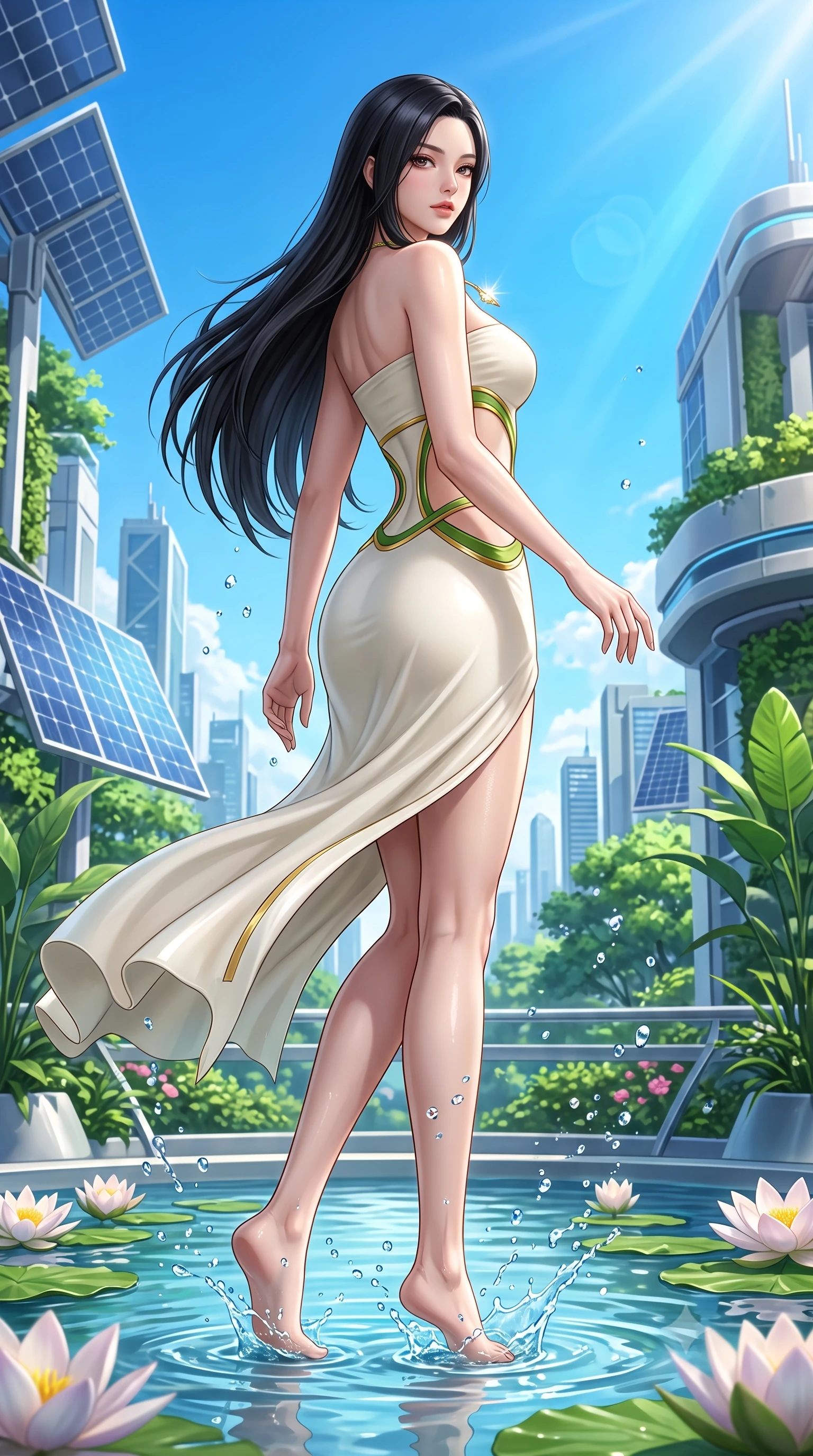 score_9, masterpiece, best quality, ultra-detailed, high-budget anime keyframe, semi-realistic 3D game render, editorial fashion photography, tasteful artistic composition, Korean woman. low angle full-body shot from head to toe showing her feet, filling the entire 9:16 vertical frame with her statuesque presence, stretching her vertical silhouette. executing an elegant mid-motion turn as garments swirl around her slender limbs, glancing over her shoulder with smoldering allure while wading lightly into the shallow lotus pool, water splashing around her slender ankles in glittering droplets. The surrounding environment is rendered in vivid detail and crisp panoramic clarity. detailed sky-high metropolis greenery, architectural solar panels, and water droplets in high clarity. She has an absolutely perfect, statuesque 8.5-heads proportion, an exceptionally tall and slender model-like female figure with impossibly long slender legs, a toned flat midriff, and an ultra-slim waist. sharp v-shaped jawline, high-bridge nose, intricate jewel-like eyes with depth, thick eyelashes, glossy parted lips with a natural sheen, intensely captivating and seductive expression, flawlessly proportioned anatomical accuracy, strict slender model proportions, natural body alignment, perfectly sculpted long slender limbs, ultra-slim waistline, clean dynamic posture without body distortion. wearing a minimalist sculpted ivory tube dress with curved diagonal midriff cutouts and brass hardware in fresh palm green and liquid gold trim, made of liquid bamboo jersey adhering seamlessly to her slender frame, complemented by a dainty solar crystal pendant resting near her collarbone, the breezy yet form-flattering drape swaying gracefully with her steps, accentuating her long willowy limbs and ultra-slim waistline. bathed in midday azure skylight and shimmering pool water caustic bounce lights. highly saturated vibrant anime colors, detailed shading with soft gradients, rich glossy textures, high-contrast stereoscopic depth, volumetric dynamic lighting, master piece, 9:16 ratio