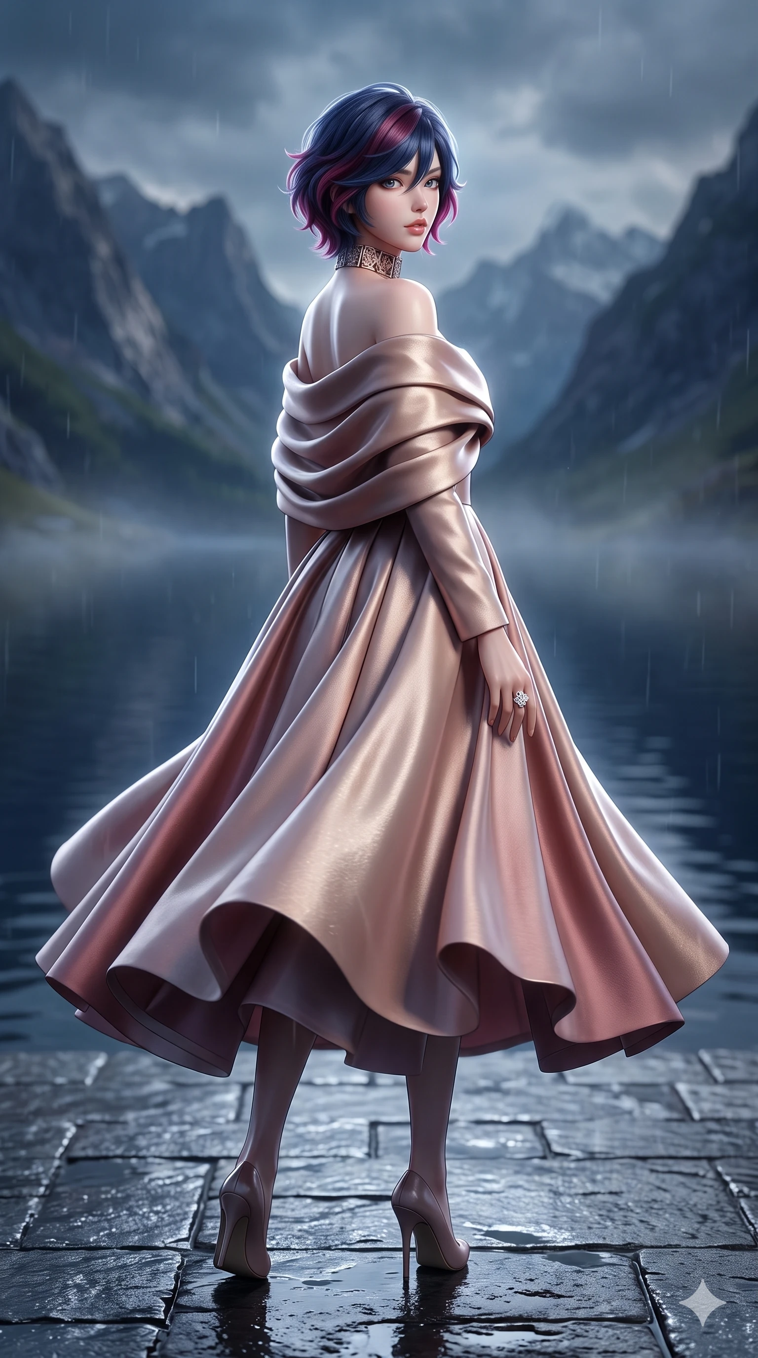score_9, masterpiece, best quality, ultra-detailed, high-budget anime keyframe, semi-realistic 3D game render, editorial fashion photography, tasteful artistic composition, Korean woman. low angle full-body shot from head to toe showing her feet, filling the entire 9:16 vertical frame with her statuesque presence, stretching her vertical silhouette. executing a slow, graceful pivot turn as her skirt sways around her slender legs, glancing back with an enchanting, teasing sensual expression while posing in an alluring rear three-quarter angle, looking over a bare shoulder with parted glossy lips as cool ambient loch light highlights her spine. The composition keeps background elements in soft focus with creamy bokeh: deep loch waters reflecting broken sky fragments, distant craggy mountain crests, and rain-swept flagstones blurred into slate, indigo, and silver bokeh. She has an exceptionally tall and slender model-like 8.5-heads proportion, an ultra-slim waist, a flat toned midriff, narrow delicate ribcage, and beautifully sculpted feminine hips creating a graceful, slim hourglass silhouette without any bulky heaviness, with impossibly long slender legs. sharp v-shaped jawline, high-bridge nose, intricate jewel-like eyes with depth, thick eyelashes, glossy parted lips with a natural sheen, intensely captivating and seductive bedroom-eyes expression, flawlessly proportioned anatomical accuracy, strict slender model proportions, natural body alignment, perfectly sculpted long slender limbs, ultra-slim waistline, clean dynamic posture without body distortion. wearing a high-fashion draped silk faille opera coat with geometric lapels and interior silk satin lining in dusky blush rose and champagne shimmer, crafted from bespoke double-faced cashmere with an exceptionally soft tactile finish, complemented by a bold geometric choker and sparkling cocktail ring, the bespoke structured tailoring following the natural line of her 8.5-heads silhouette with refined elegance. bathed in high-contrast dramatic sky illumination with crisp silver rim lights sculpting her jawline, narrow waist, and curvy hips. highly saturated vibrant anime colors, detailed shading with soft gradients, rich glossy textures, high-contrast stereoscopic depth, volumetric dynamic lighting, master piece, 9:16 ratio