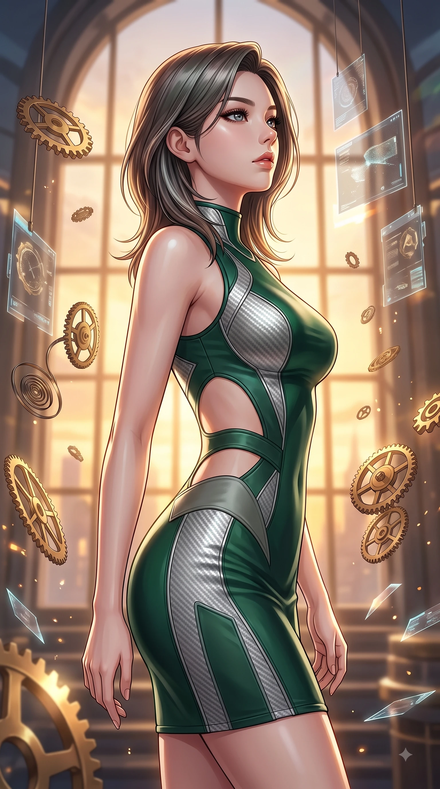 score_9, masterpiece, best quality, ultra-detailed, high-budget anime keyframe, editorial fashion photography, tasteful artistic composition, Korean woman. close-up cowboy shot from the waist and thighs up, the character dominates the composition, filling the frame with her large presence, background elements kept in soft focus. Tilting her chin up with composed magnetism as dramatic side lighting traces her sculpted waist and hip contour while pivoting in a dynamic profile pose as twilight amber light streams through the massive window, floating brass gears and clocksprings casting intricate metallic reflections. She has an exceptionally elegant, slender, and willowy female figure with an ultra-slim waist, a gracefully sculpted slender torso, and a refined silhouette. sharp v-shaped jawline, high-bridge nose, intricate jewel-like eyes with depth, thick eyelashes, glossy lips with a natural sheen, flawlessly proportioned anatomical accuracy, natural body alignment, perfectly sculpted elegant limbs, clean dynamic posture without body distortion. wearing a precision-fitted liquid jersey bodycon dress with a graceful draped back in deep emerald green and silver accent, made of fine carbon-fiber weave and soft matte leather, featuring clean architectural cutouts along her slender torso, the tailored fabric tightly following every curve of her athletic build. bathed in warm twilight amber backlighting and rich metallic specular glow. highly saturated vibrant anime colors, detailed shading with soft gradients, rich glossy textures, high-contrast stereoscopic depth, volumetric dynamic lighting, master piece, 9:16 ratio