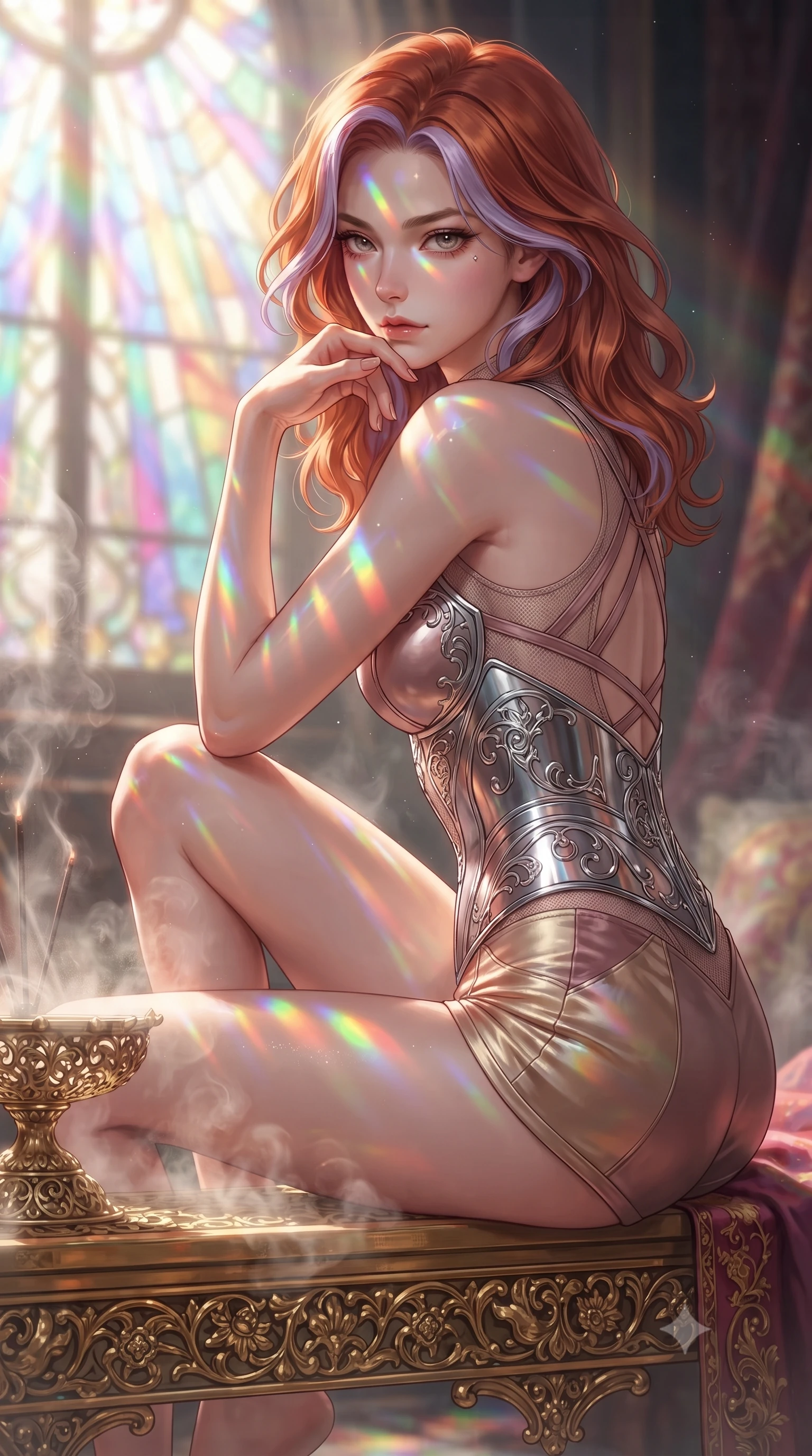score_9, masterpiece, best quality, ultra-detailed, high-budget anime keyframe, editorial fashion photography, tasteful artistic composition, Caucasian woman. close-up cowboy shot from the waist and thighs up, the character dominates the composition, filling the frame with her large presence, background elements kept in soft focus. Resting her chin on the backs of her fingers, casting a sharp, mysterious gaze poised on a golden filigree altar surrounded by glowing incense vapors, vibrant rainbow light patterns projected across her skin and costume. She has an exceptionally elegant, slender, and willowy female figure with an ultra-slim waist, a gracefully sculpted slender torso, and a refined silhouette. sharp v-shaped jawline, high-bridge nose, intricate jewel-like eyes with depth, thick eyelashes, glossy lips with a natural sheen. wearing a chrome-plated structured bodice worn over a sheer mesh top and micro-shorts in dusty rose and champagne gold, crafted from smooth liquid silk, complemented by criss-cross back straps highlighting her bare shoulders, the sleek second-skin texture accentuating her magnetic presence. bathed in cascading rainbow prismatic light refracting through stained glass. highly saturated vibrant anime colors, detailed shading with soft gradients, rich glossy textures, high-contrast stereoscopic depth, volumetric dynamic lighting, master piece, 9:16 ratio